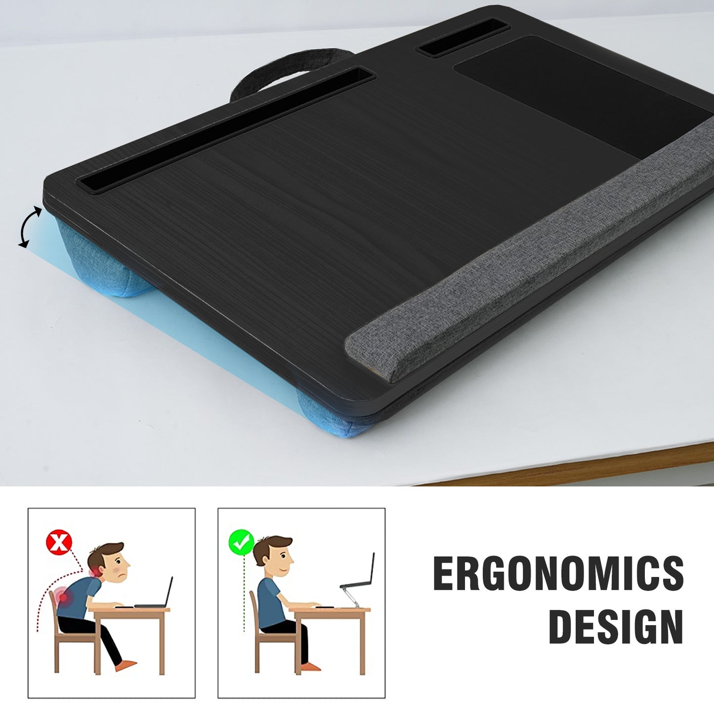 Portable Lap Desk for Laptop, Wood Lapdesk Bed Table with Handle, Black