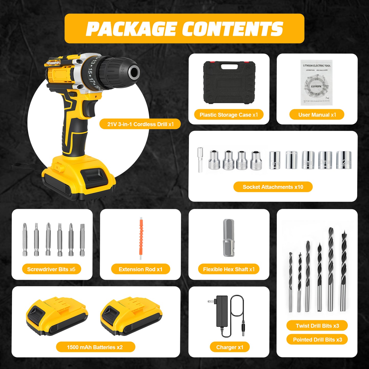 21V Cordless Drill Set, Electric Power Drill 50Nm with 3/8 Inch Keyless Chuck, 25+1 Clutch Compact Driver Drill with Work Light, Dual-Speed Power & 2 Battery and Fast Charger