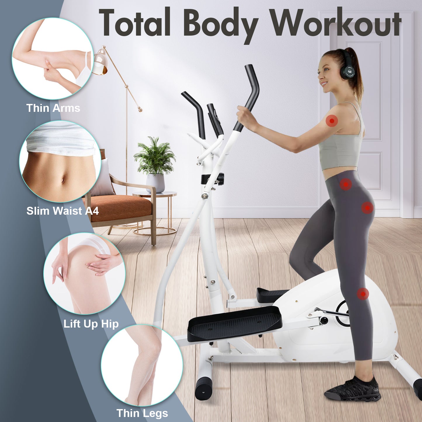 Magnetic Elliptical Machine, Cross Trainer with 8 Resistance Levels, Elliptical Trainer with Pulse Rate Grips, Multi-Function LCD Monitor, White