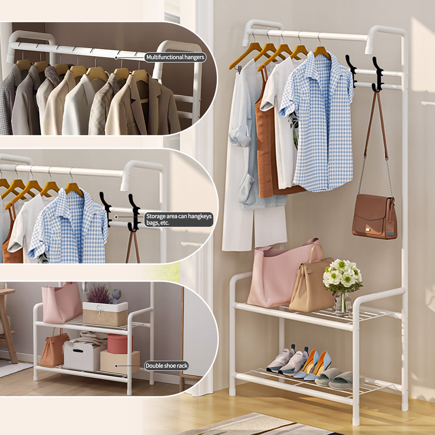 Baokaler Coat Rack, Hall Tree with Shoe Bench for Entryway, Entryway Bench with Coat Rack, 3-in-1 with 4 Hooks, a Hanging Rod, White
