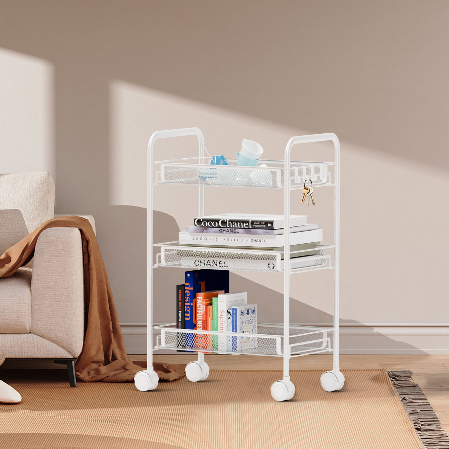 3 Tier Rolling Cart on Wheels, Rustproof Metal Cart with Lockable Wheels, Kitchen Rolling Shelf, Mesh Storage Basket for Living Room, Bathroom, Kitchen, Office, White