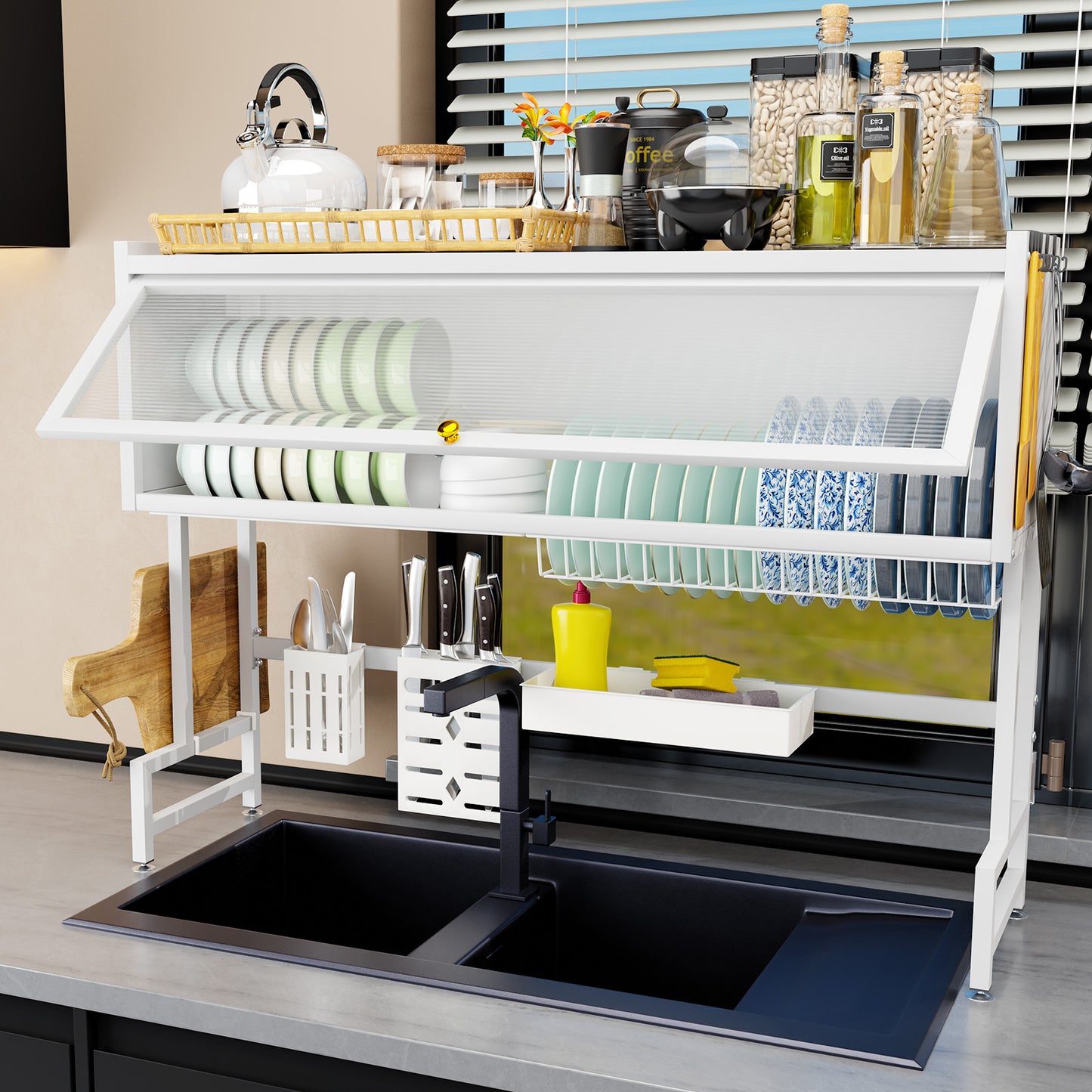 Over the Sink Dish Rack with Cabinet, Multifunctional Dish Drying Rack Above Sink with Visible Cupboard Door for Drying Dishes, Glasses, Bowls, and Utensils, White, Length-41.34"