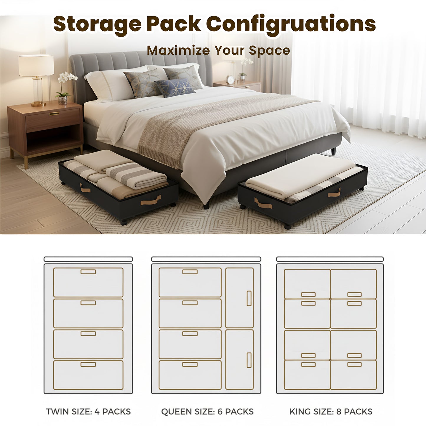 Under Bed Storage with Wheels 2-Pack, 65L XXL Under the Bed Storage Containers Large, 12" Tall Adjustable Storage for Underbed with Lids, Rolling for Shoes, Clothes, Blankets (Black)