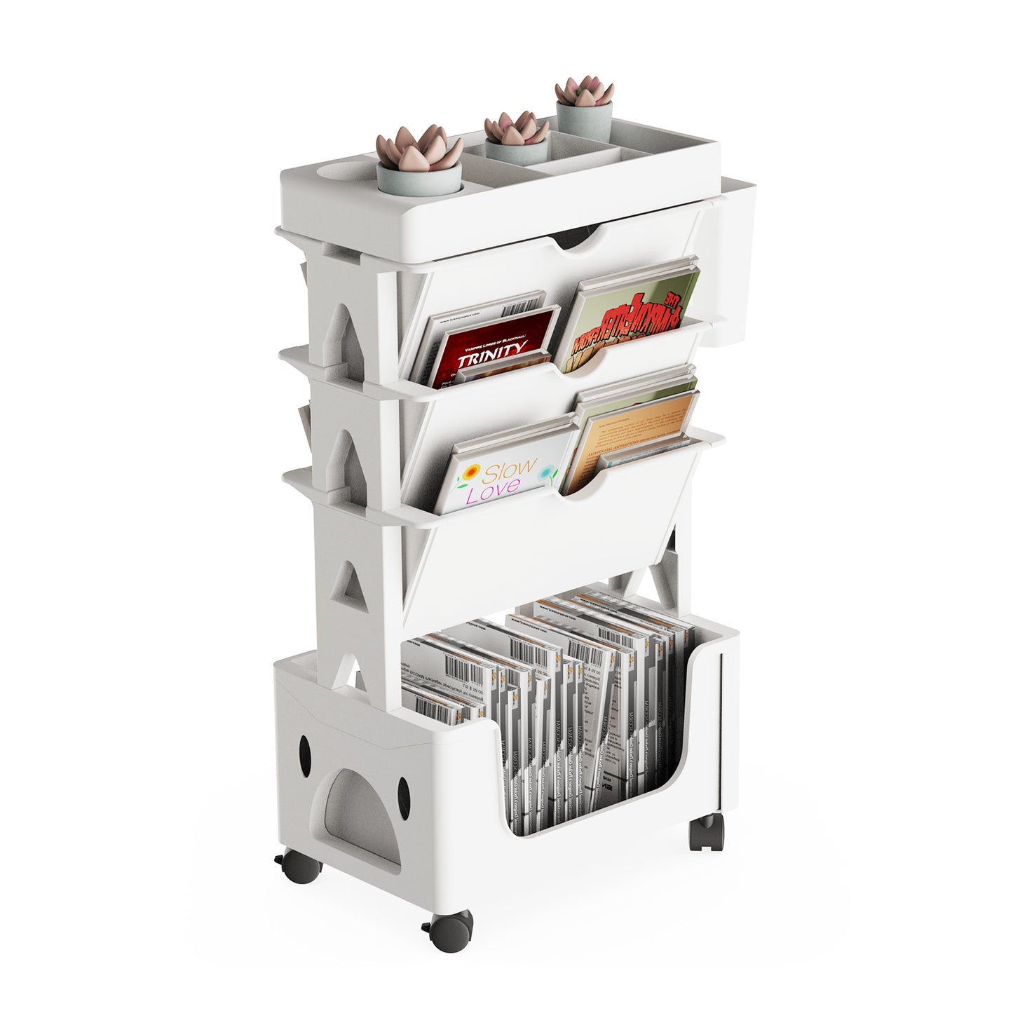 CATGOOD Movable Book Rack with Pen Holder, 5-Tier Storage Bookcase Organizer Mobile Bookshelf Cart with Wheels, Mobile Utility Cart Storage, for Living Room Classroom Office, White