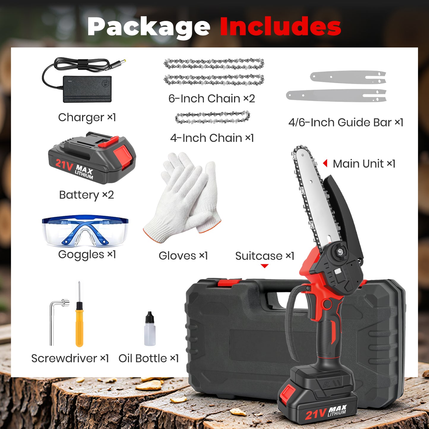 Mini Chainsaw Cordless, 6 inch & 4 inch Portable Electric Chainsaw with 2 Rechargeable Batteries and 3 Chains, for Tree Trimming Wood Cutting, Best Gifts for Father, Dad, Husband, Men, Red