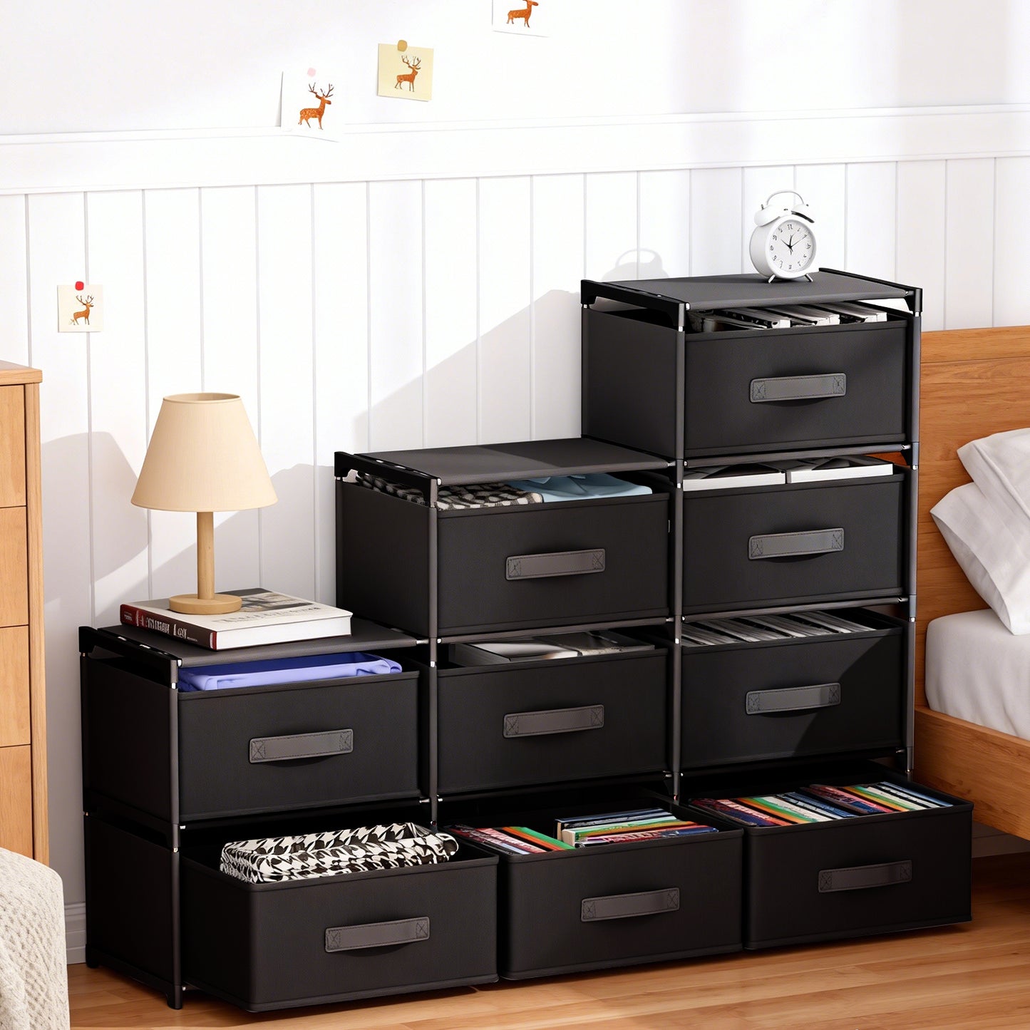 BAOKALER Non-Woven Fabric Multi-Functional Storage Cabinet, 9-Drawer Open Storage Shelf, 10.24×47.24×34.65 Inches, for Bedroom, Living Room, Hallway, Black