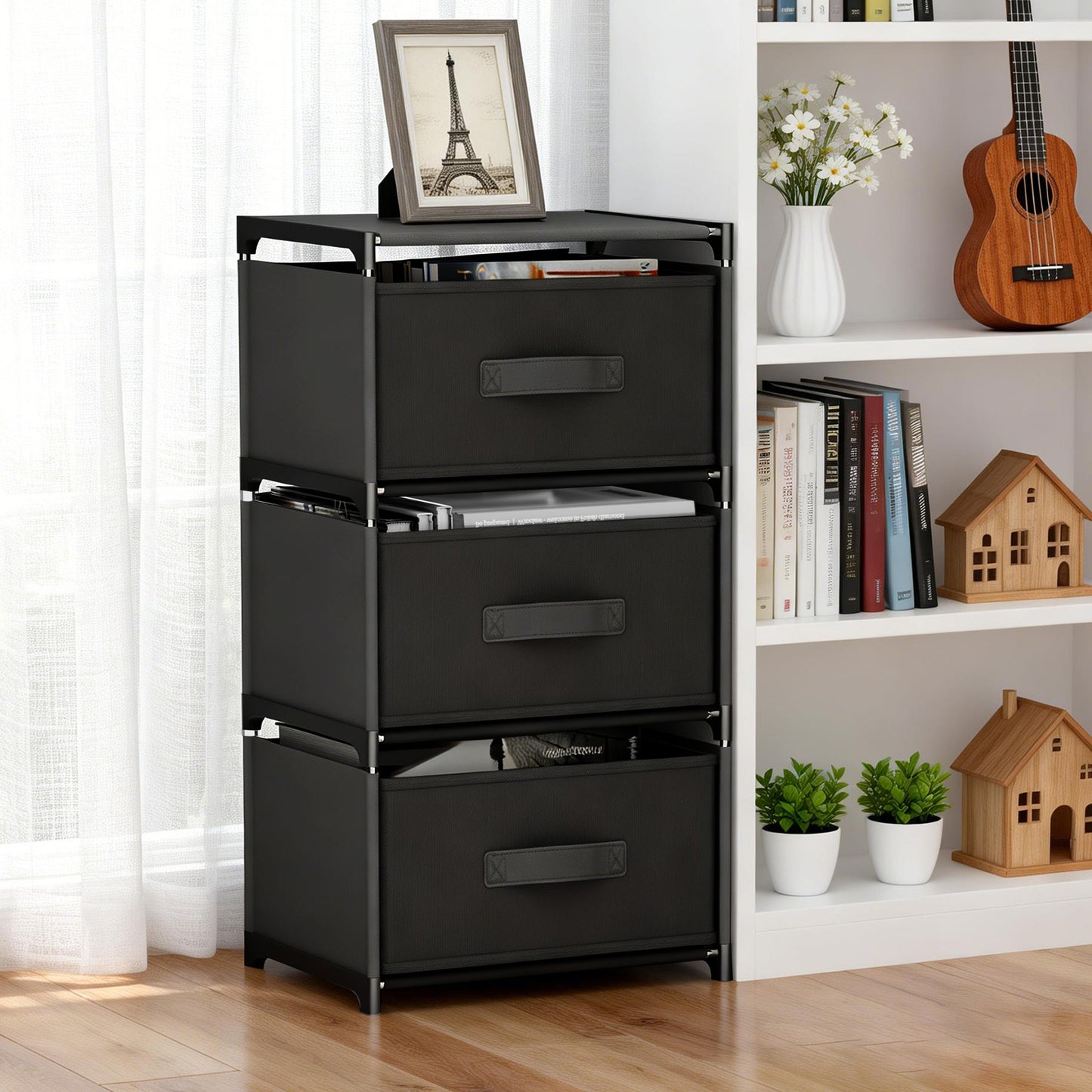 BAOKALER Fabric Dressers for Bedroom with 3 Drawers, Multifunctional Bedroom Storage Cabinet Drawers for Clothes, Small Dresser for Living Room, Hallway, Black
