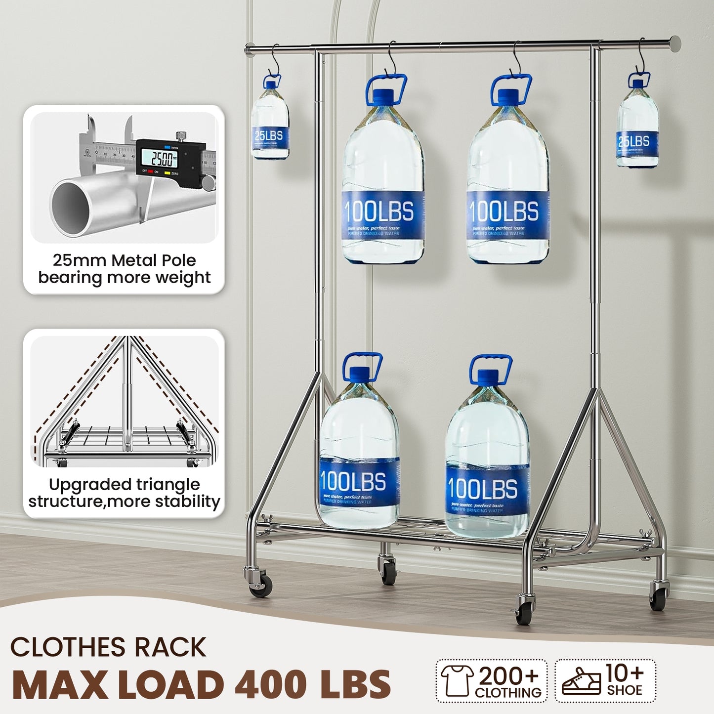 Clothes Rack Load 400 LBS, Metal Heavy Duty Clothes Rack, Free Standing Clothing Rack for Hanging Clothes with Sturdy Wheels & Shelves, Portable Closet Wardrobe Rack, Silver