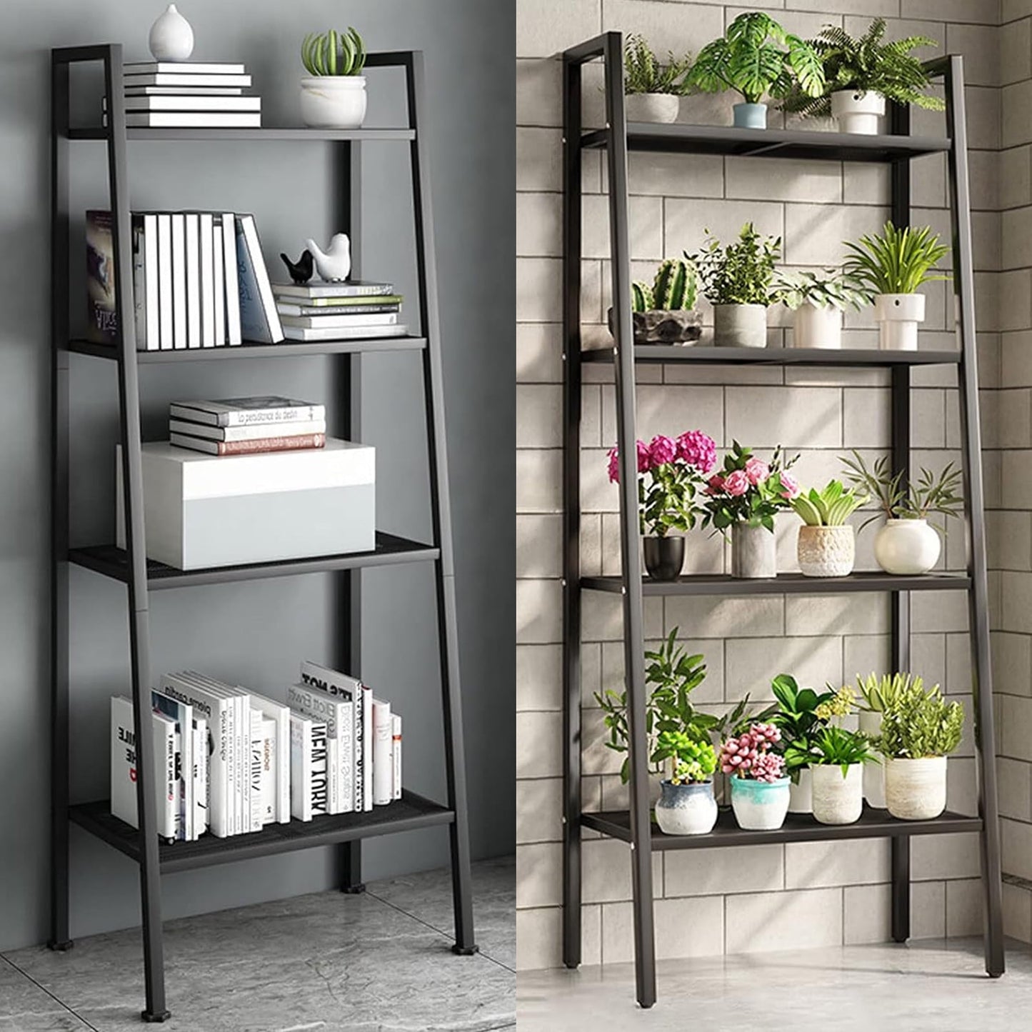 Baokaler Ladder Shelf, 4-Tier Metal Bookshelf Plant Flower Stand Storage Rack Industrial Organizer Modern Shelves Shelving Bookcase Metal Frame for Living Room Kitchen Office 23.6*13.8*57.9in Black