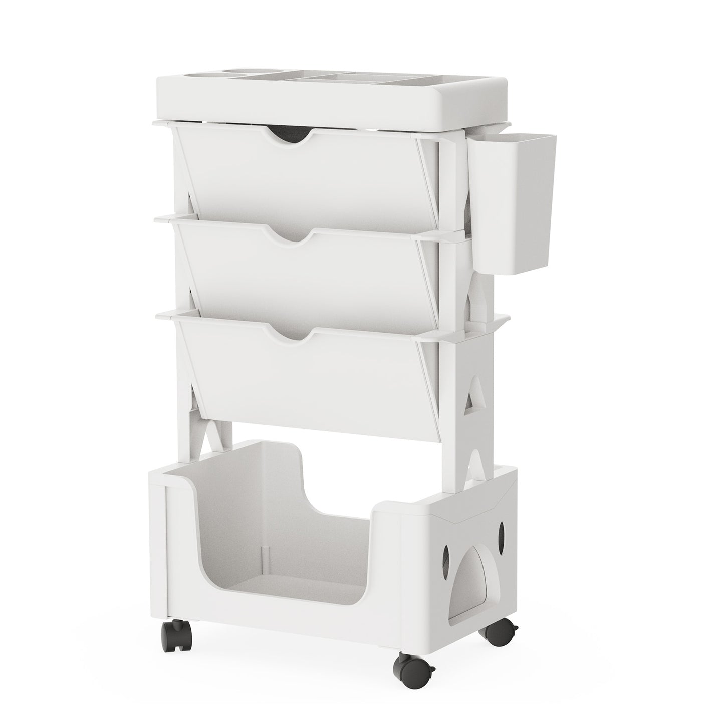 CATGOOD Movable Book Rack with Pen Holder, 5-Tier Storage Bookcase Organizer Mobile Bookshelf Cart with Wheels, Mobile Utility Cart Storage, for Living Room Classroom Office, White