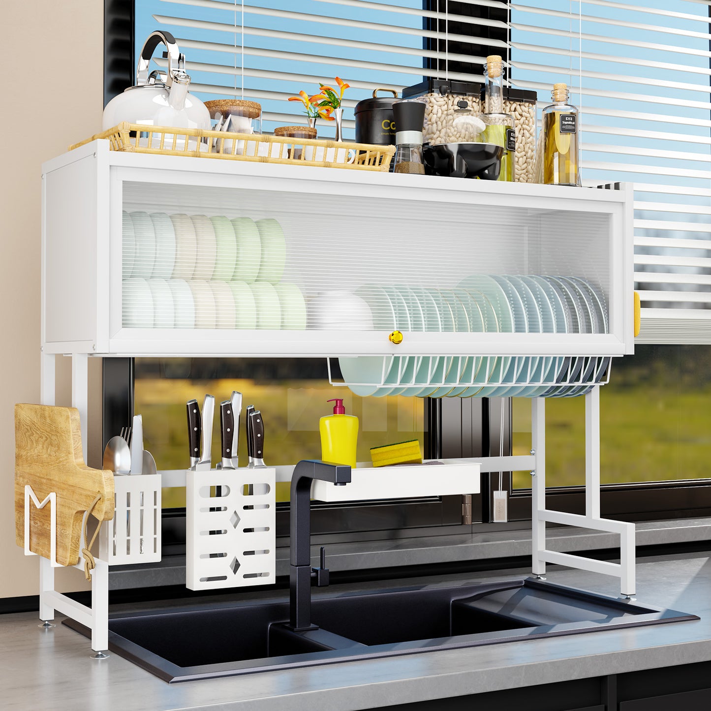 Over the Sink Dish Rack with Cabinet, Multifunctional Dish Drying Rack Above Sink with Visible Cupboard Door for Drying Dishes, Glasses, Bowls, and Utensils, White, Length-41.34"