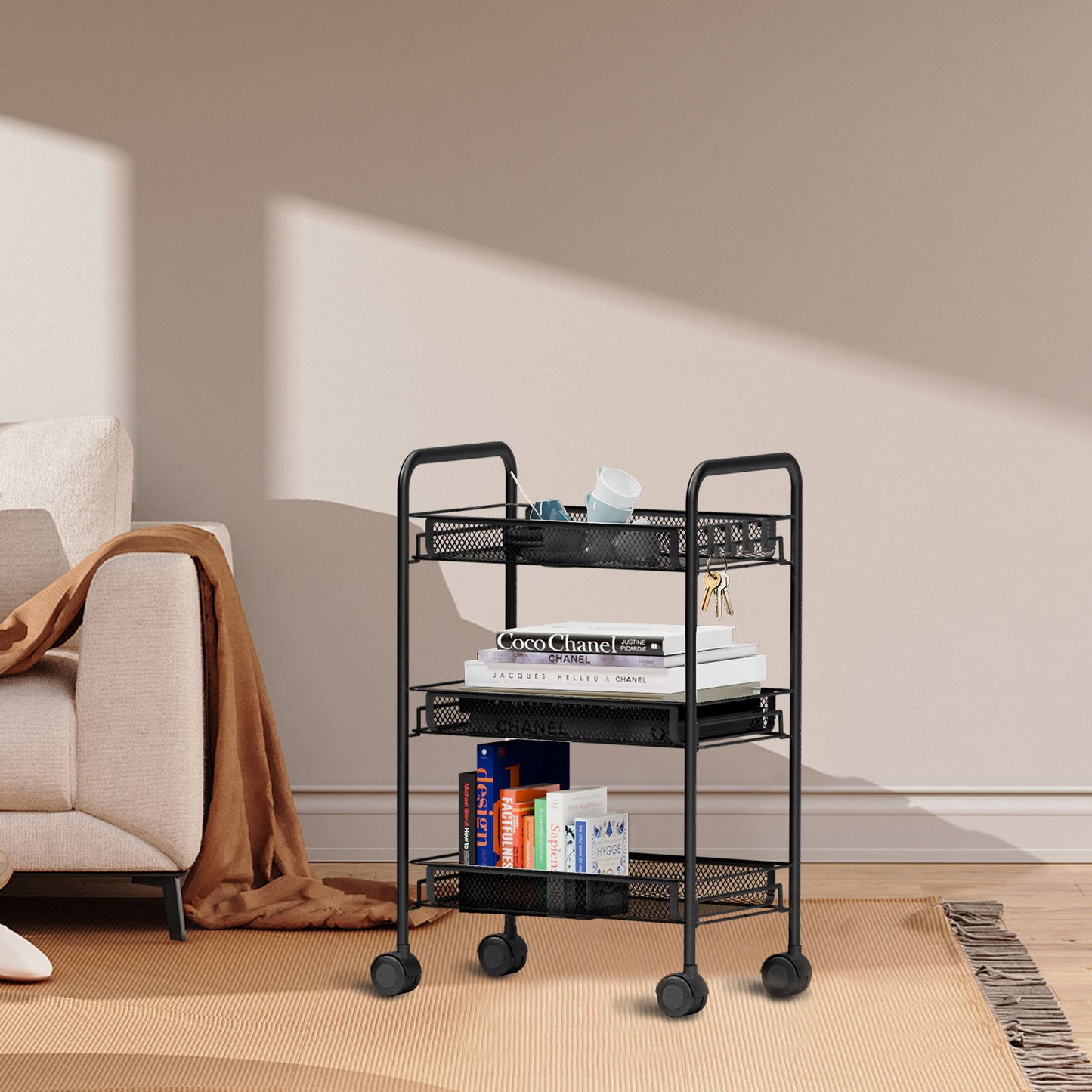 Mesh Rolling Cart with Lockable Wheels, 3 Tier Rustproof Metal Cart with Hooks, Kitchen Rolling Shelf, Mesh Storage Basket for Living Room, Bathroom, Kitchen, Office, Black