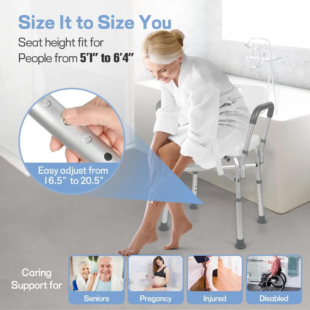 Baokaler Shower Chair 600lbs with Padded Arms and Back, Height Adjustable Shower Stool for Bathtub