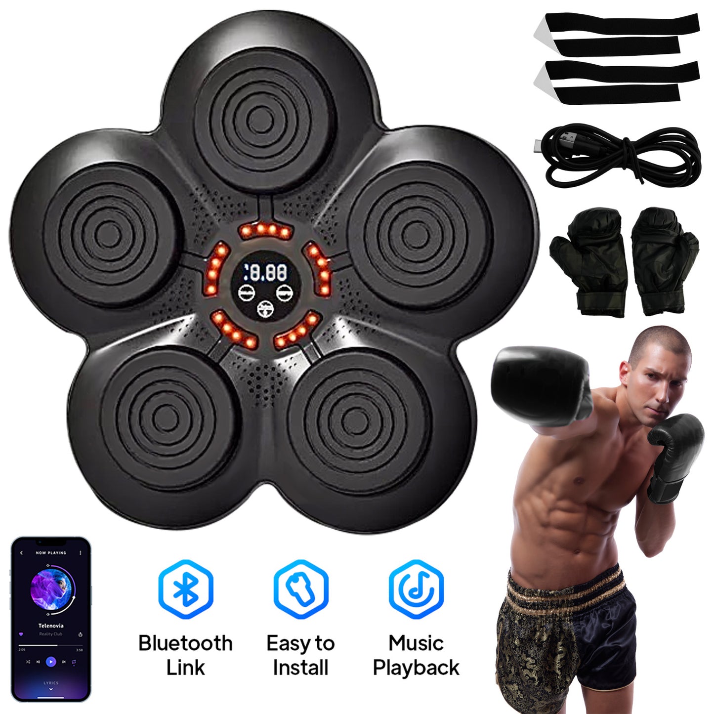 Music Boxing Machine, Wall-Mounted Music Boxing Trainer, Punching Exercise Equipment with 9-Speed Modes for Kids and Adults, Velcro Mount Type, Black