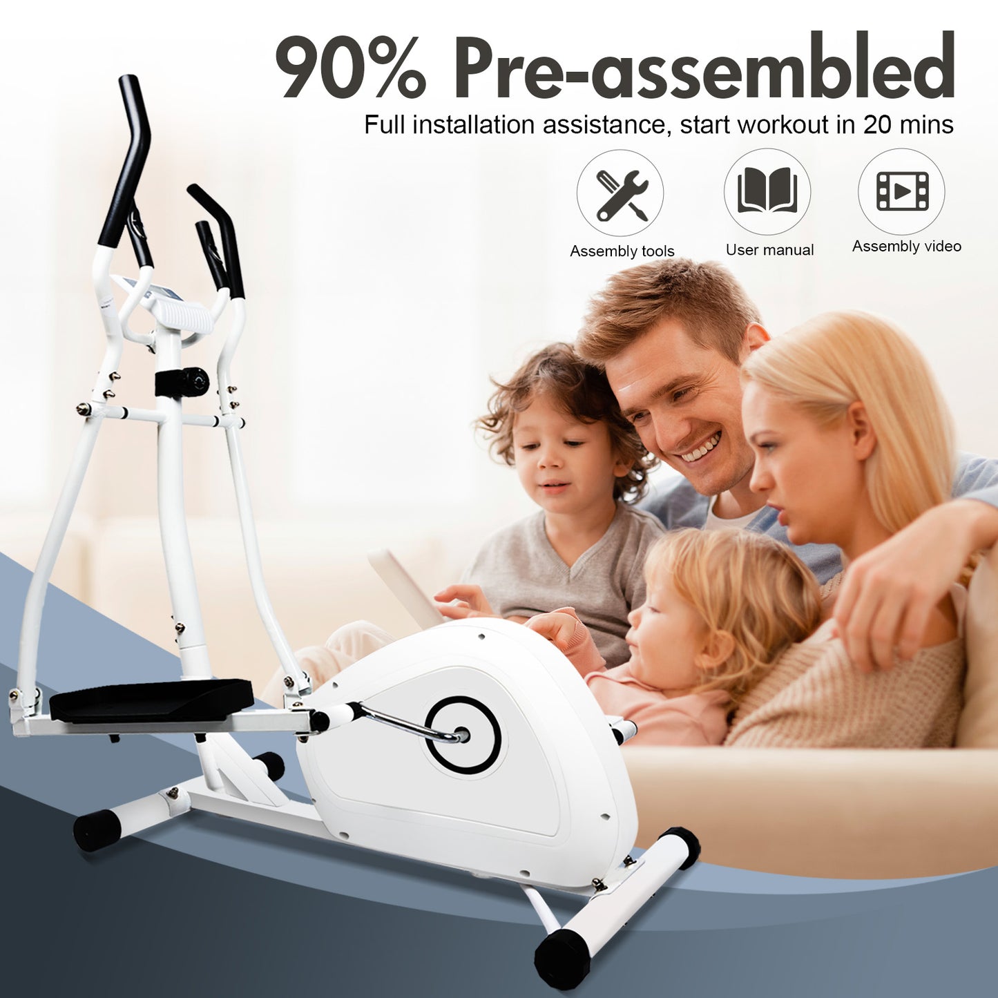 Magnetic Elliptical Machine, Cross Trainer with 8 Resistance Levels, Elliptical Trainer with Pulse Rate Grips, Multi-Function LCD Monitor, White