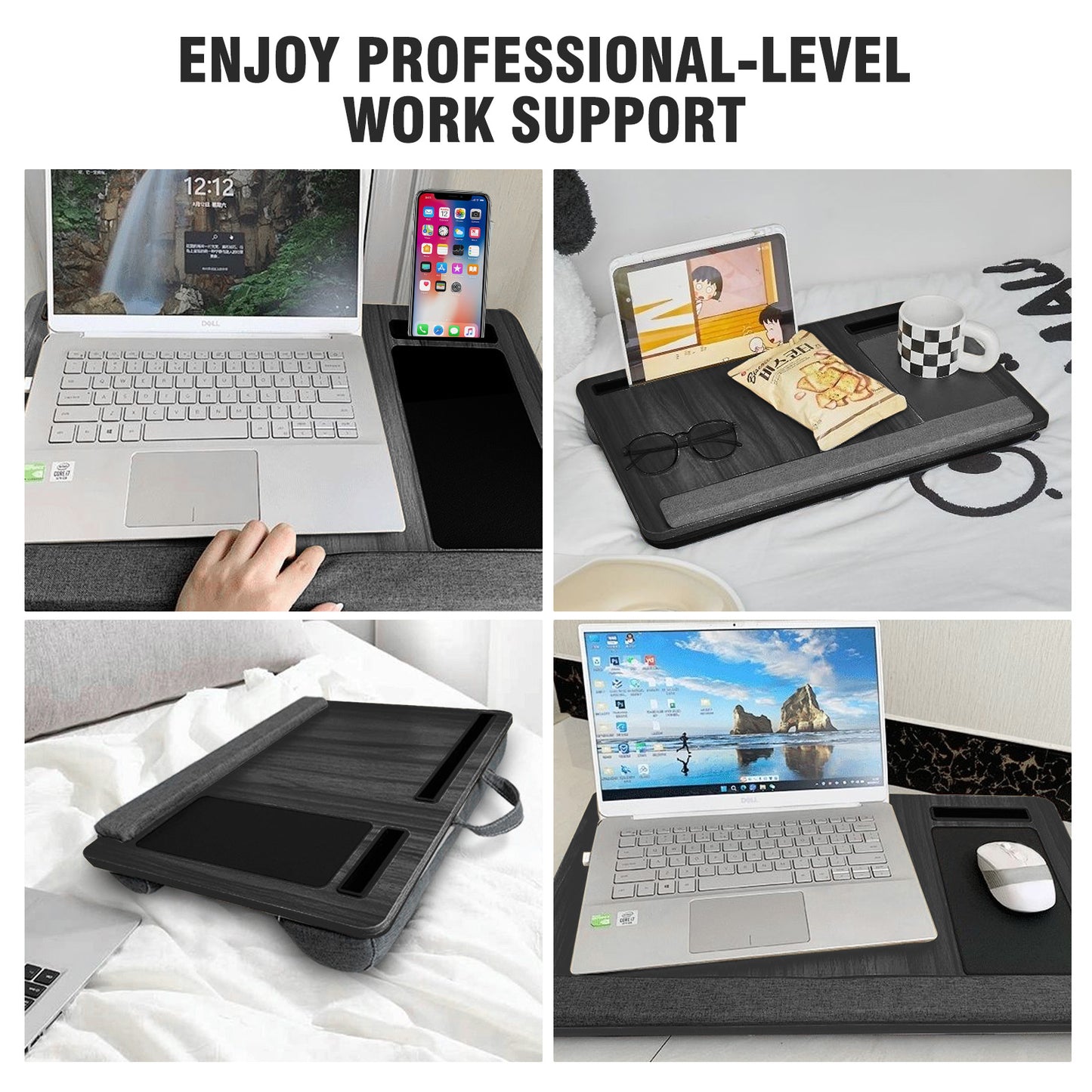 Portable Lap Desk for Laptop, Wood Lapdesk Bed Table with Handle, Black