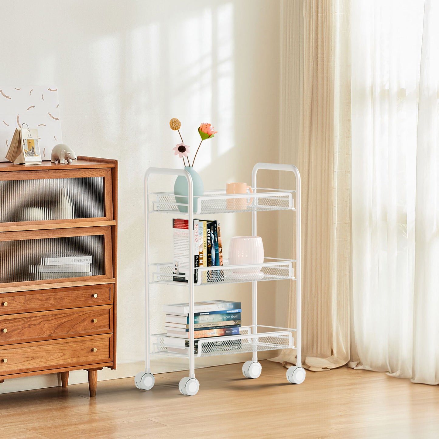 3 Tier Rolling Cart on Wheels, Rustproof Metal Cart with Lockable Wheels, Kitchen Rolling Shelf, Mesh Storage Basket for Living Room, Bathroom, Kitchen, Office, White