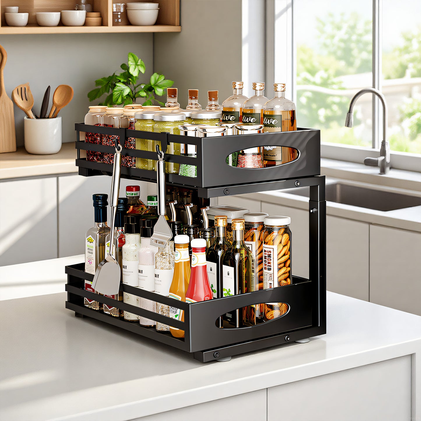 CATGOOD Under Sink Organizer, Multifunctional Pull-Out Under Sink Storage, 2-Tier Under Kitchen Sink Organizer, Waterproof Metal Storage Rack with Sliding Drawer for Kitchen and Bathroom, Black