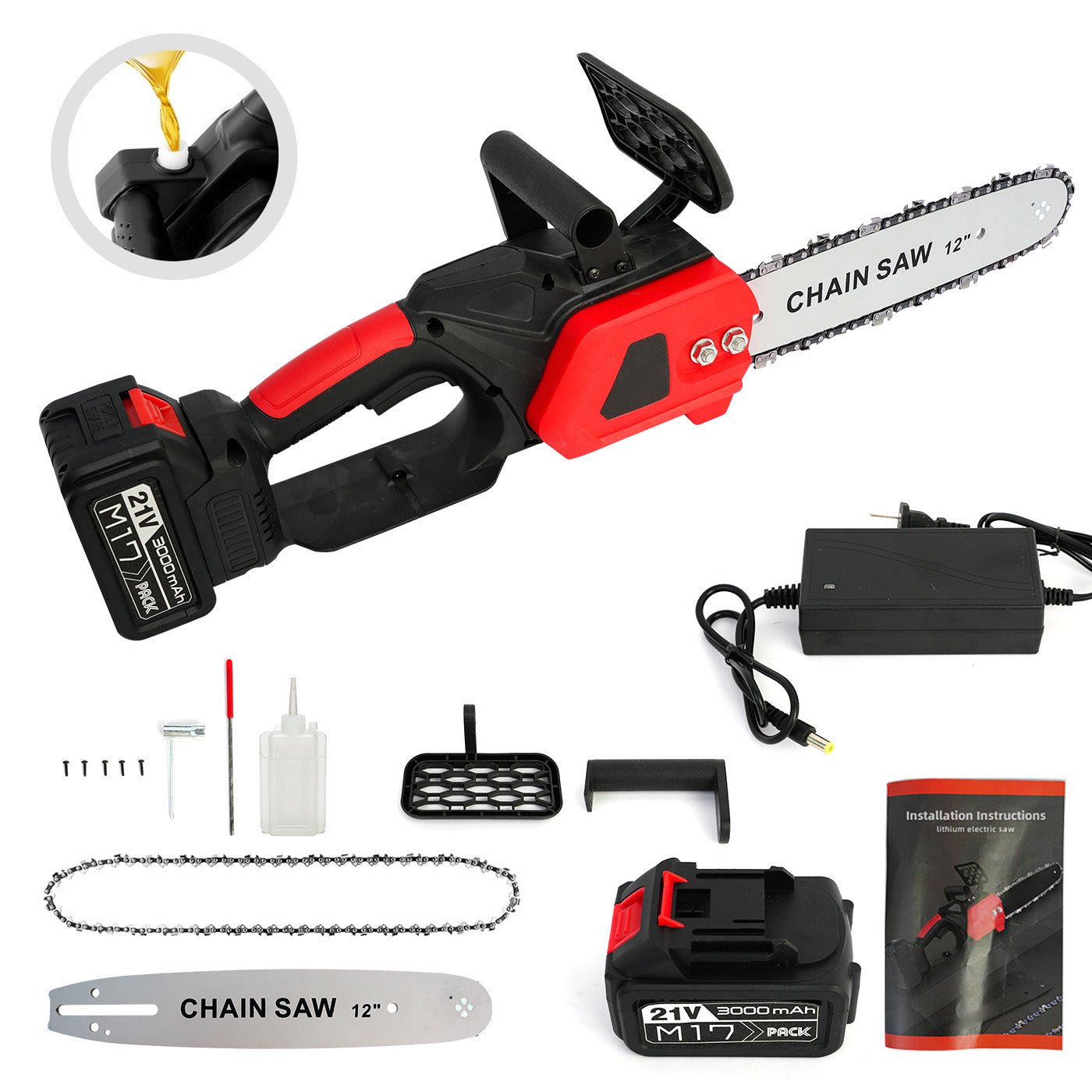 CATGOOD 12" Cordless Chainsaw, 950W Brushless Motor Battery Chain Saw with 21V Rechargeable 3.0Ah Battery and Charger for Wood Cutting