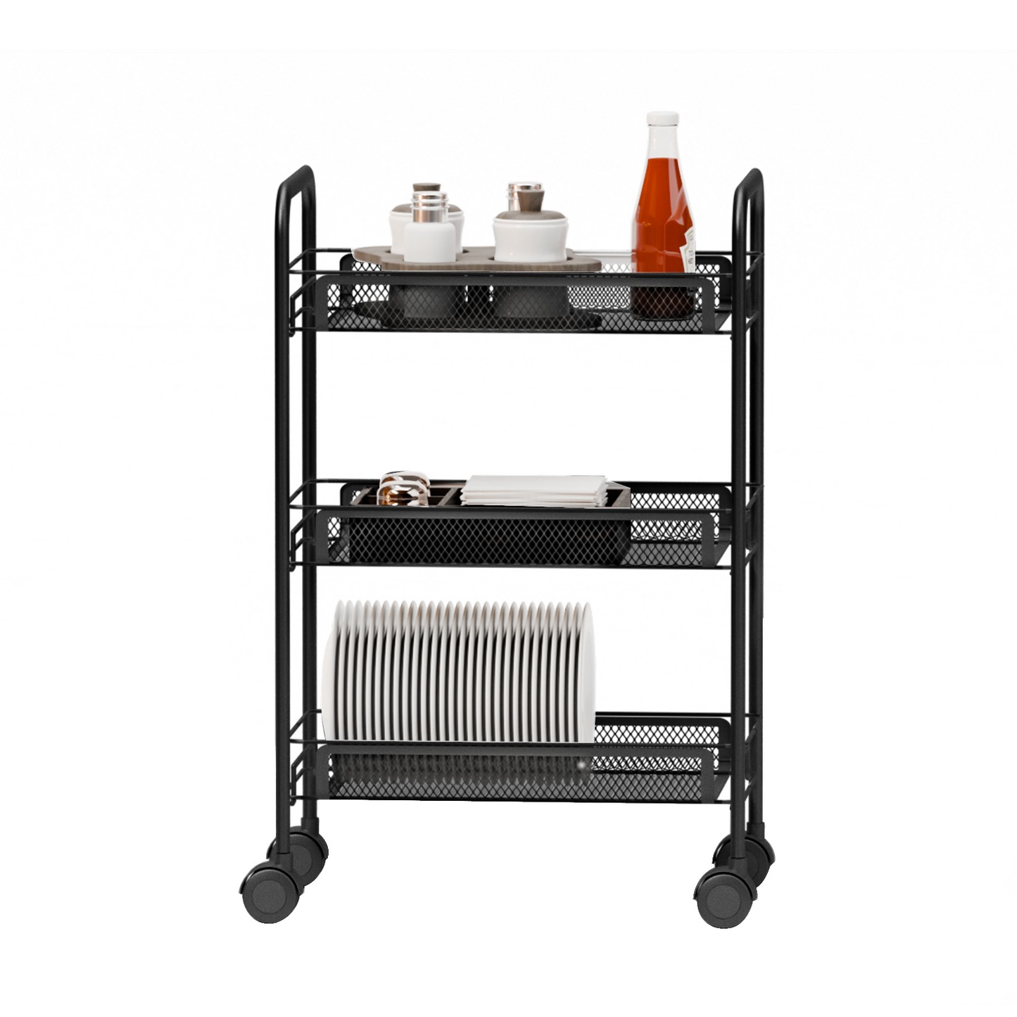 Mesh Rolling Cart with Lockable Wheels, 3 Tier Rustproof Metal Cart with Hooks, Kitchen Rolling Shelf, Mesh Storage Basket for Living Room, Bathroom, Kitchen, Office, Black