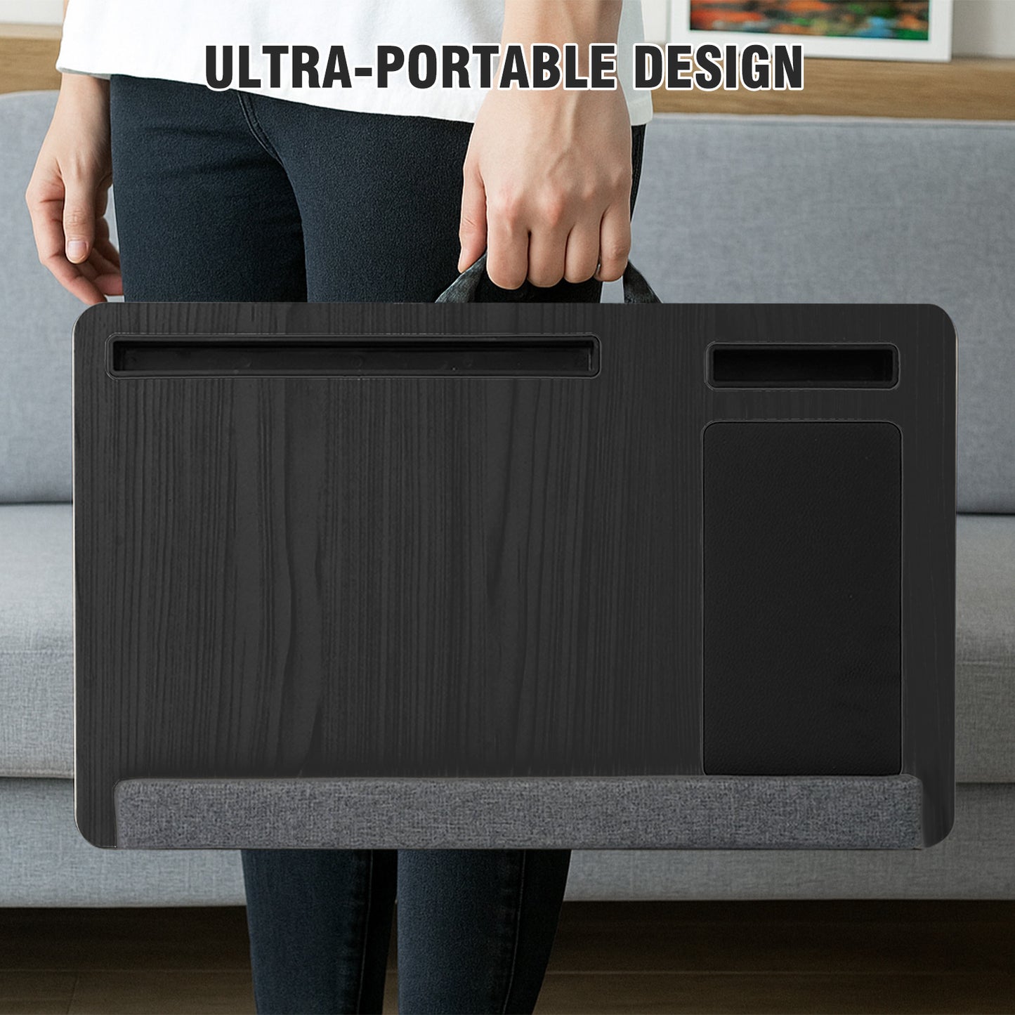 Portable Lap Desk for Laptop, Wood Lapdesk Bed Table with Handle, Black