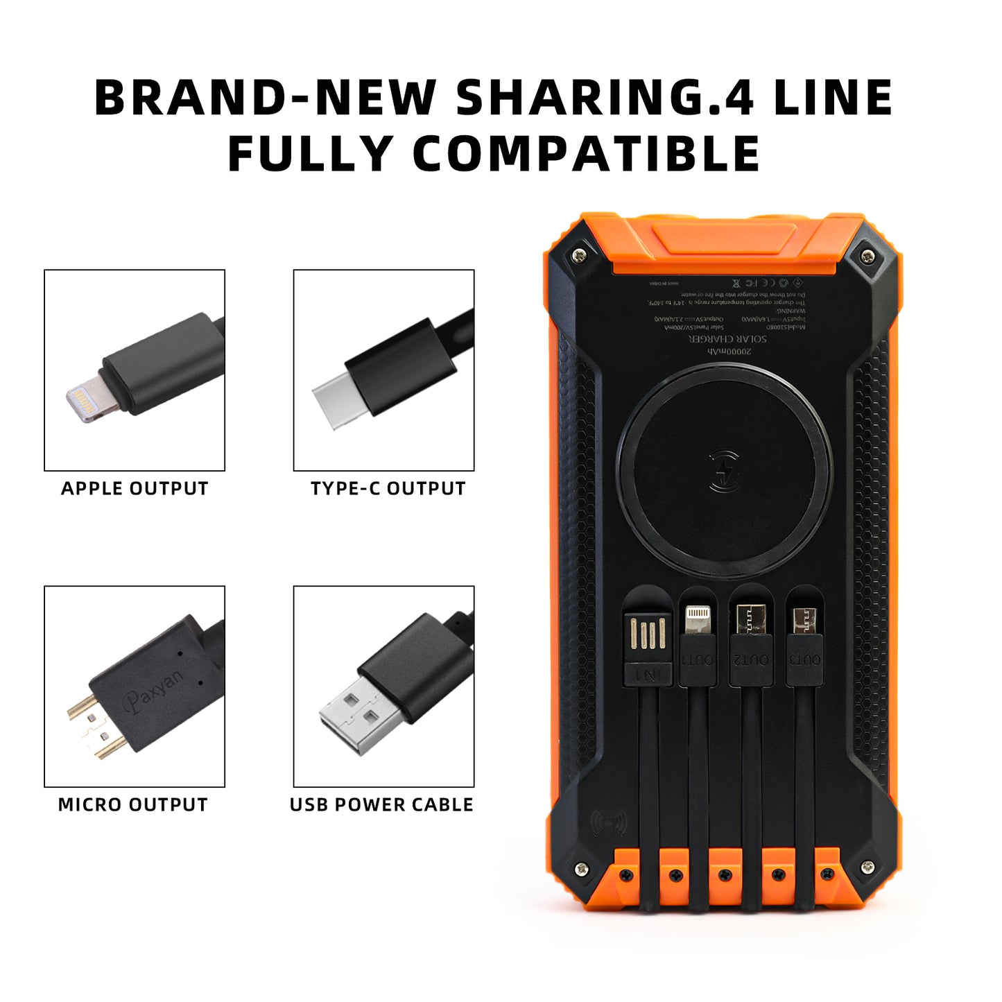 Baokaler 36000mAh Solar Power Bank Battery Pack Qi Wireless, Portable Wireless Charger with 4 Cables