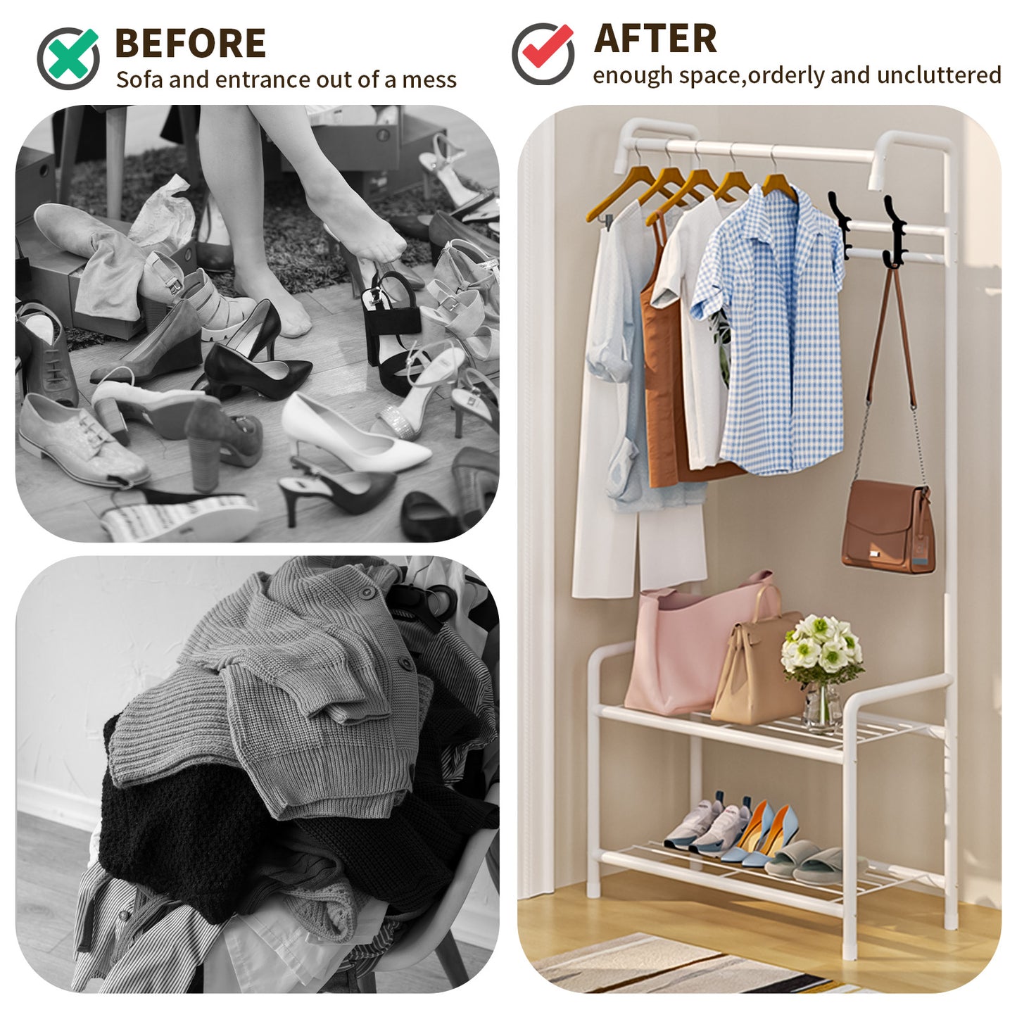 Baokaler Coat Rack, Hall Tree with Shoe Bench for Entryway, Entryway Bench with Coat Rack, 3-in-1 with 4 Hooks, a Hanging Rod, White