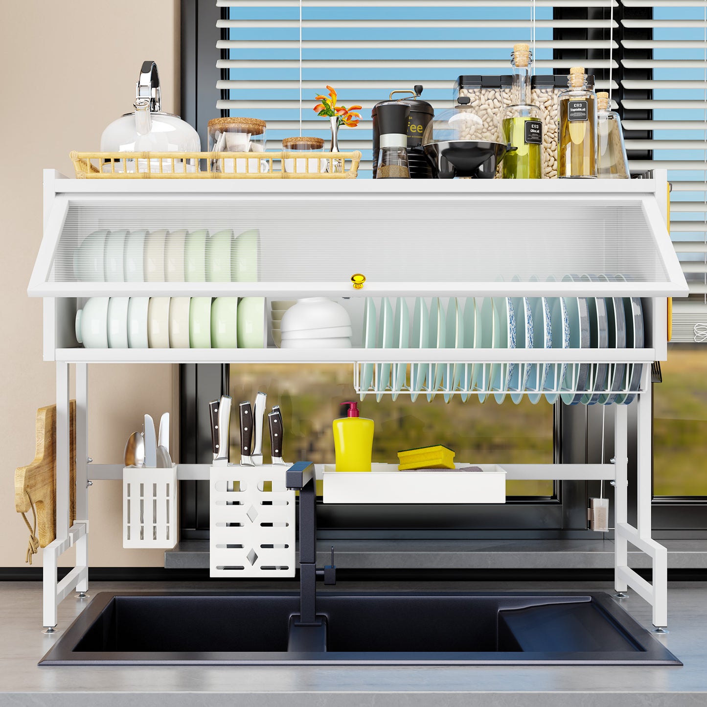 Over the Sink Dish Rack with Cabinet, Multifunctional Dish Drying Rack Above Sink with Visible Cupboard Door for Drying Dishes, Glasses, Bowls, and Utensils, White, Length-41.34"