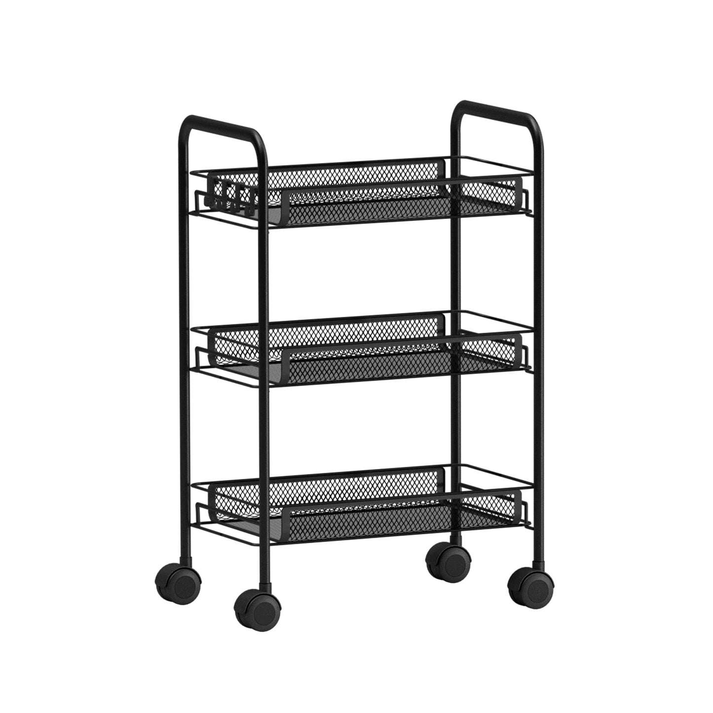 Mesh Rolling Cart with Lockable Wheels, 3 Tier Rustproof Metal Cart with Hooks, Kitchen Rolling Shelf, Mesh Storage Basket for Living Room, Bathroom, Kitchen, Office, Black