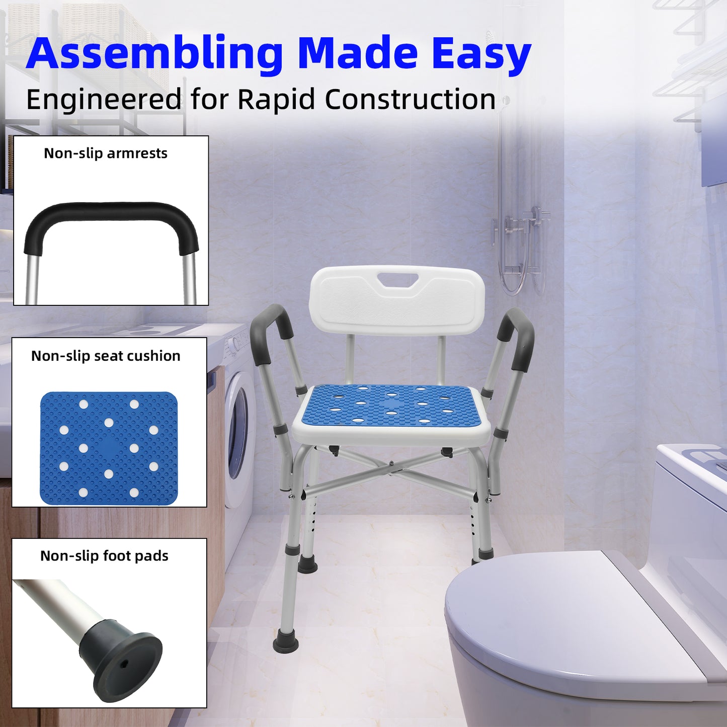 Baokaler Shower Chair 600lbs with Padded Arms and Back, Height Adjustable Shower Stool for Bathtub