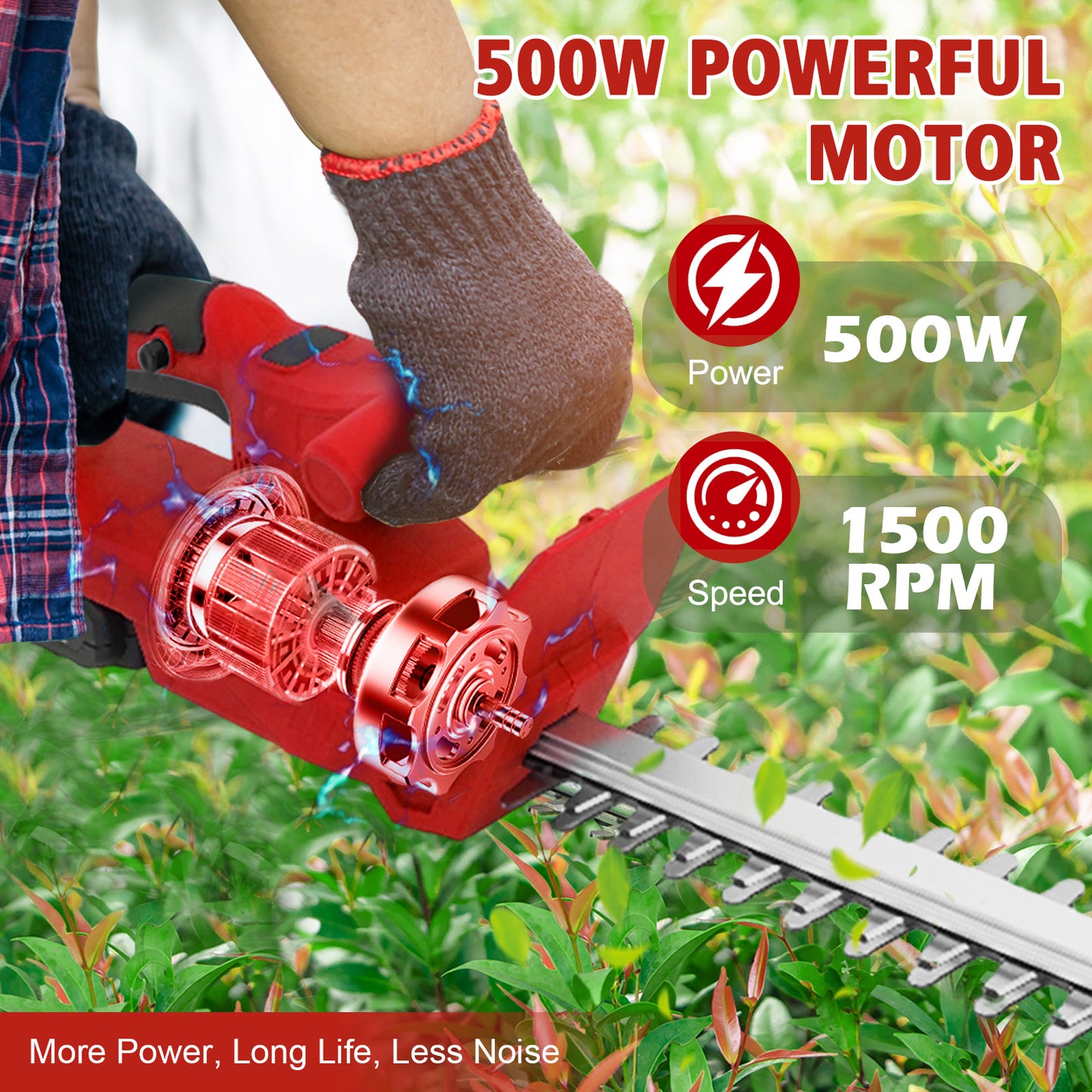 BAOKALER 20" Cordless Hedge Trimmer,24V Rechargeable Hedge Cutter with 20" Double Action Blade and 2PCS 2000MAH Batteries, Lightweight Grass Shrub Trimmer, Red