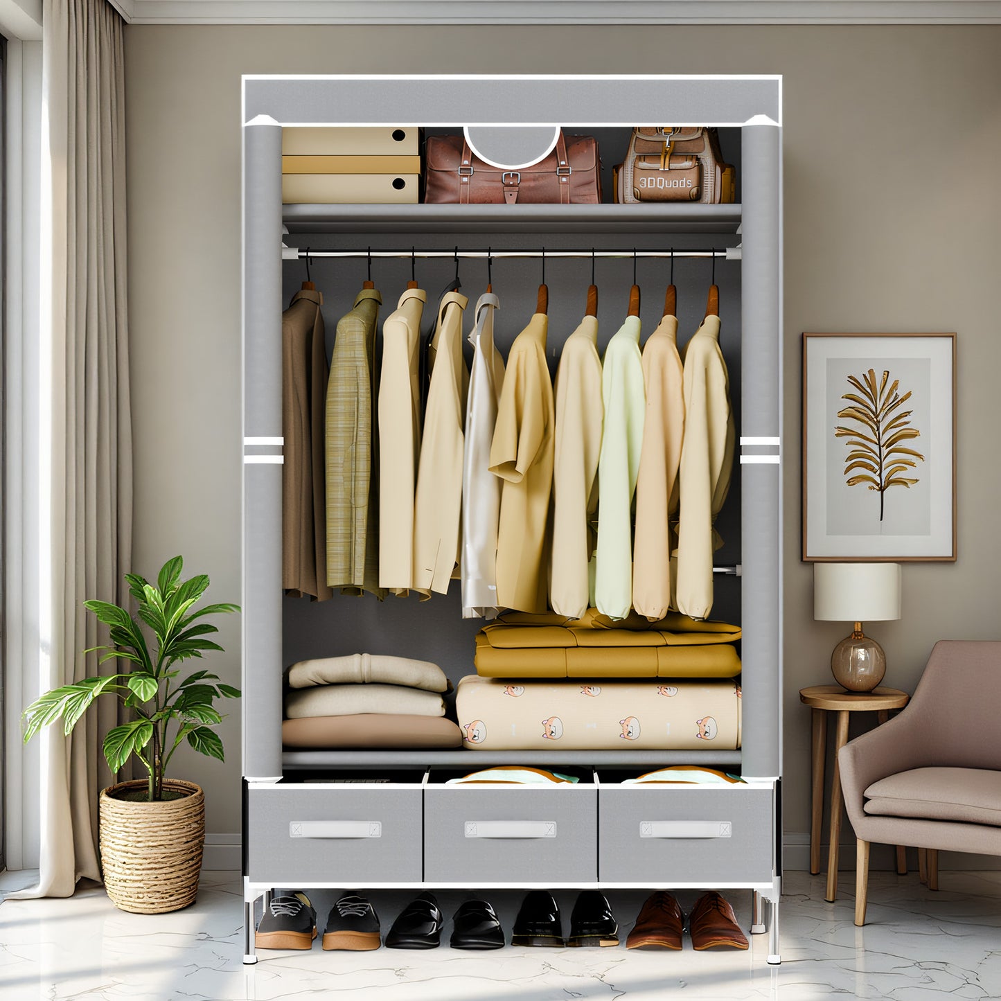 Simple & Portable Non-Woven Fabric Wardrobe with Hanging Space for Coats and Bags, Sturdy & Easy to Assemble, Includes 3 Storage Drawers, Ideal for Rentals, Dorms, Bedrooms, Gray