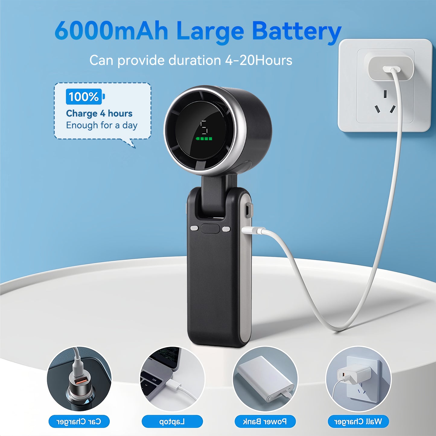Portable Handheld Fan,Battery Operated,6000mAh? Mini Fan,Up to 12 Working Hours,3 In 1 Pocket Fan,Portable Handheld Turbo Fan for Travel/Outdoor/Indoor(Black,2 Pack)