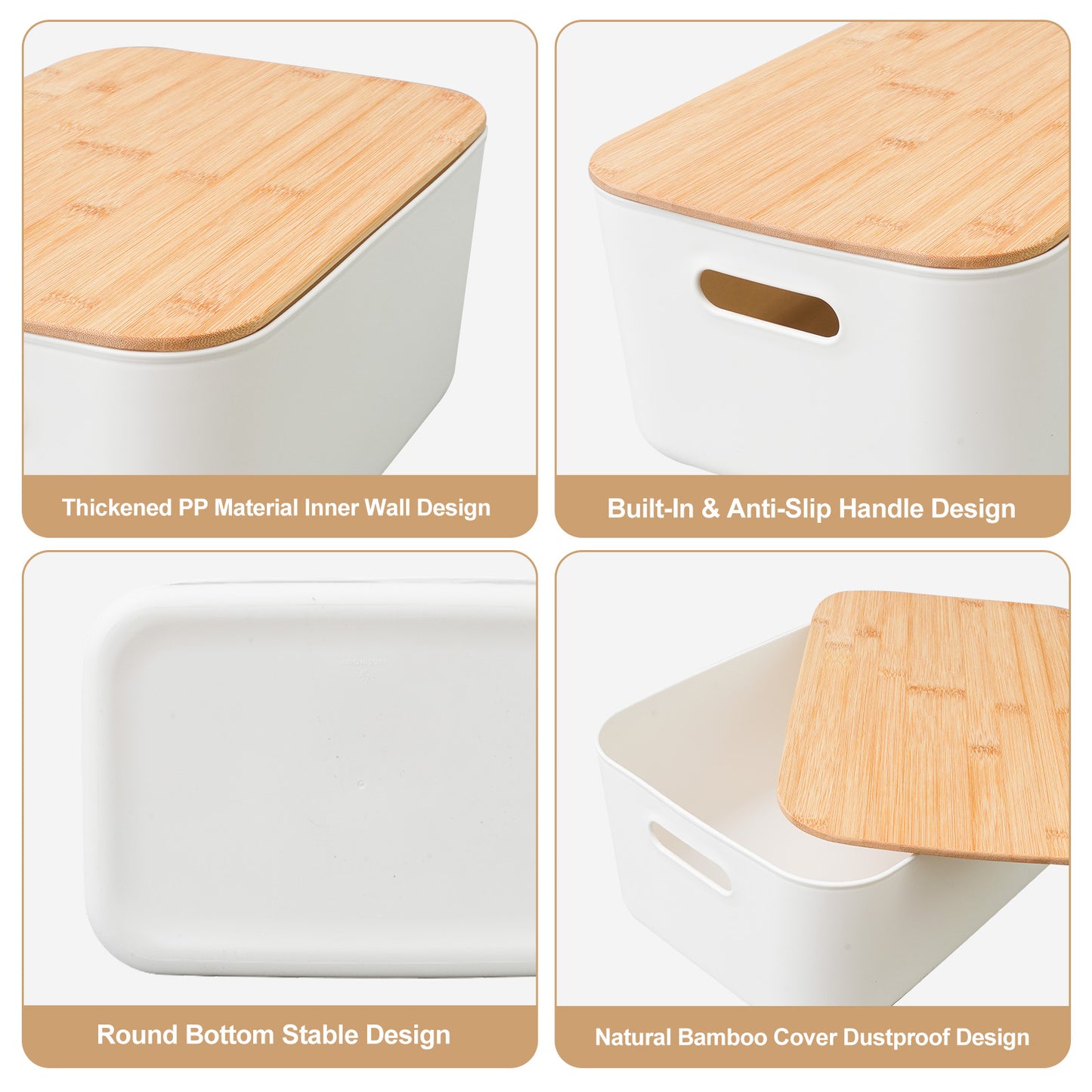 CATGOOD Storage Bins with Bamboo Lids 2 Pack, White Stackable Storage Bins with Lids for Kitchen, Cabinet, Bathroom, Plastic Storage Baskets, Premium Minimalist Boxes, 15"x10.24"x6.3"