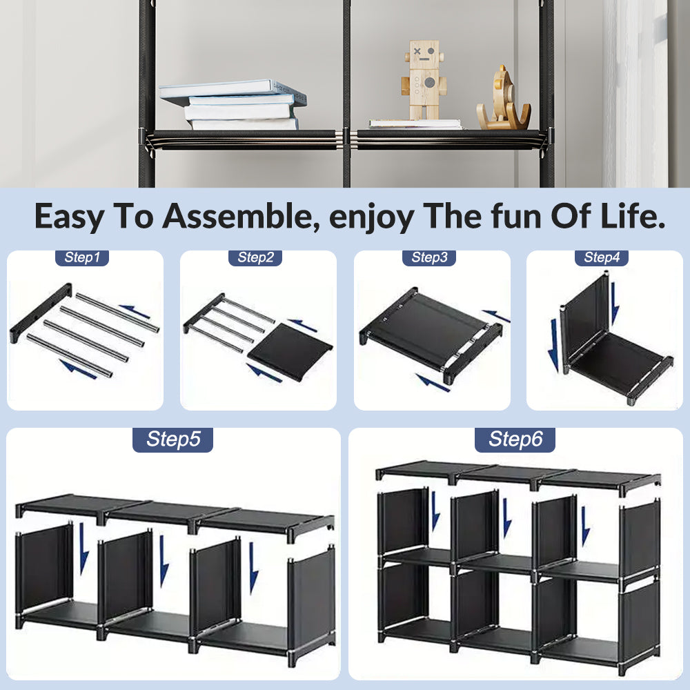 6-Tiers Portable Bookshelf with Fabric Cloth at Back, 10 Cube Closet Storage Organizer Bookcase, Living Room, Study Room, Bedroom, Black