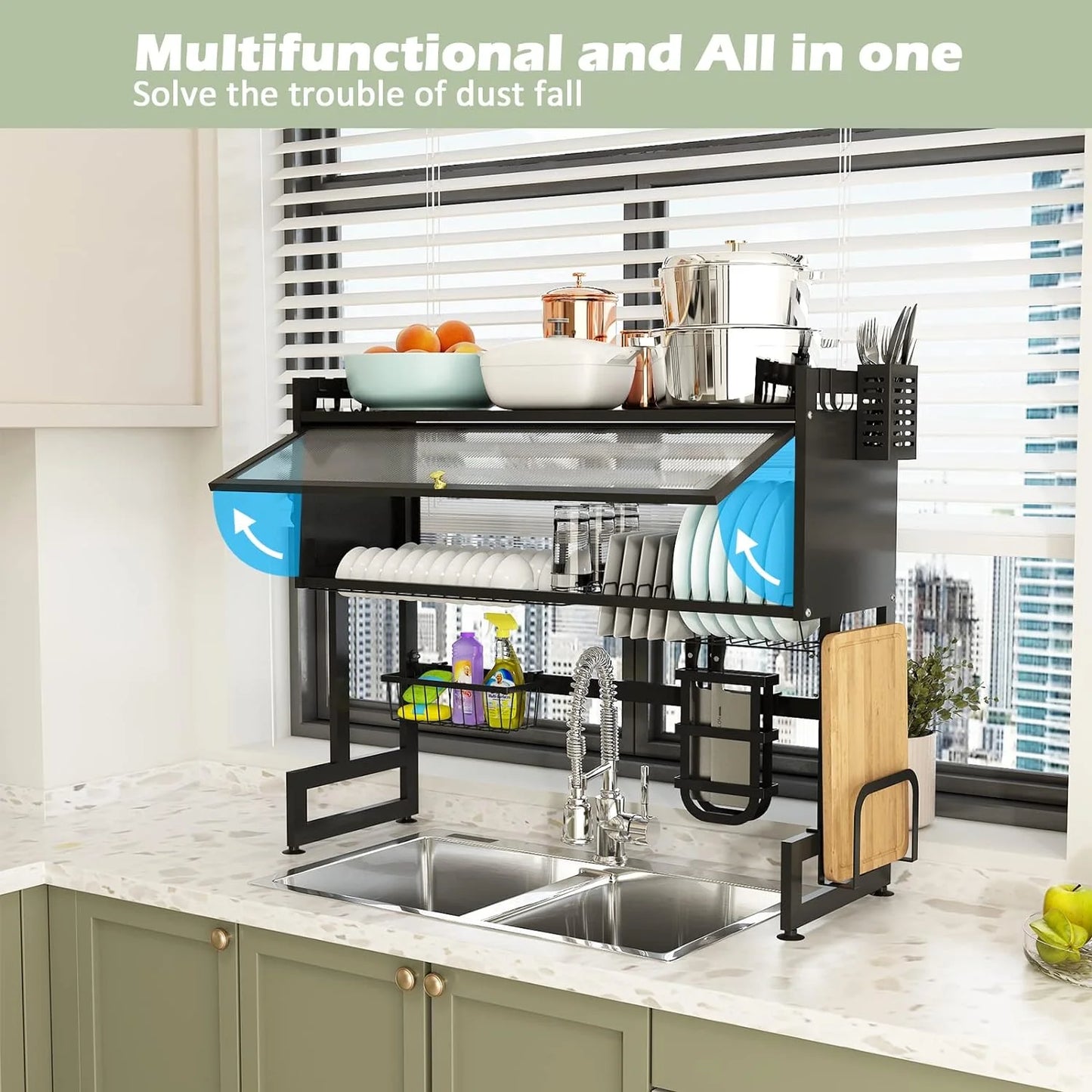 Over The Sink Dish Drying Rack, Adjustable 2 Tier Stainless Steel Large Dish Racks for Kitchen Storage Counter Organizer with Cabinet Doors with Utensil Holder, Black