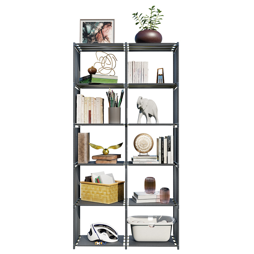 6-Tiers Portable Bookshelf with Fabric Cloth at Back, 10 Cube Closet Storage Organizer Bookcase, Living Room,Study Room,Bedroom, Grey