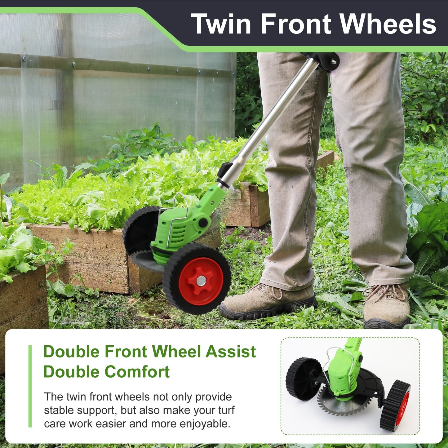 BAOKALER Electric Weed Eater, Cordless Grass String Trimmer with Wheels, Weed Trimmer, 2 Battery+Charger, Green