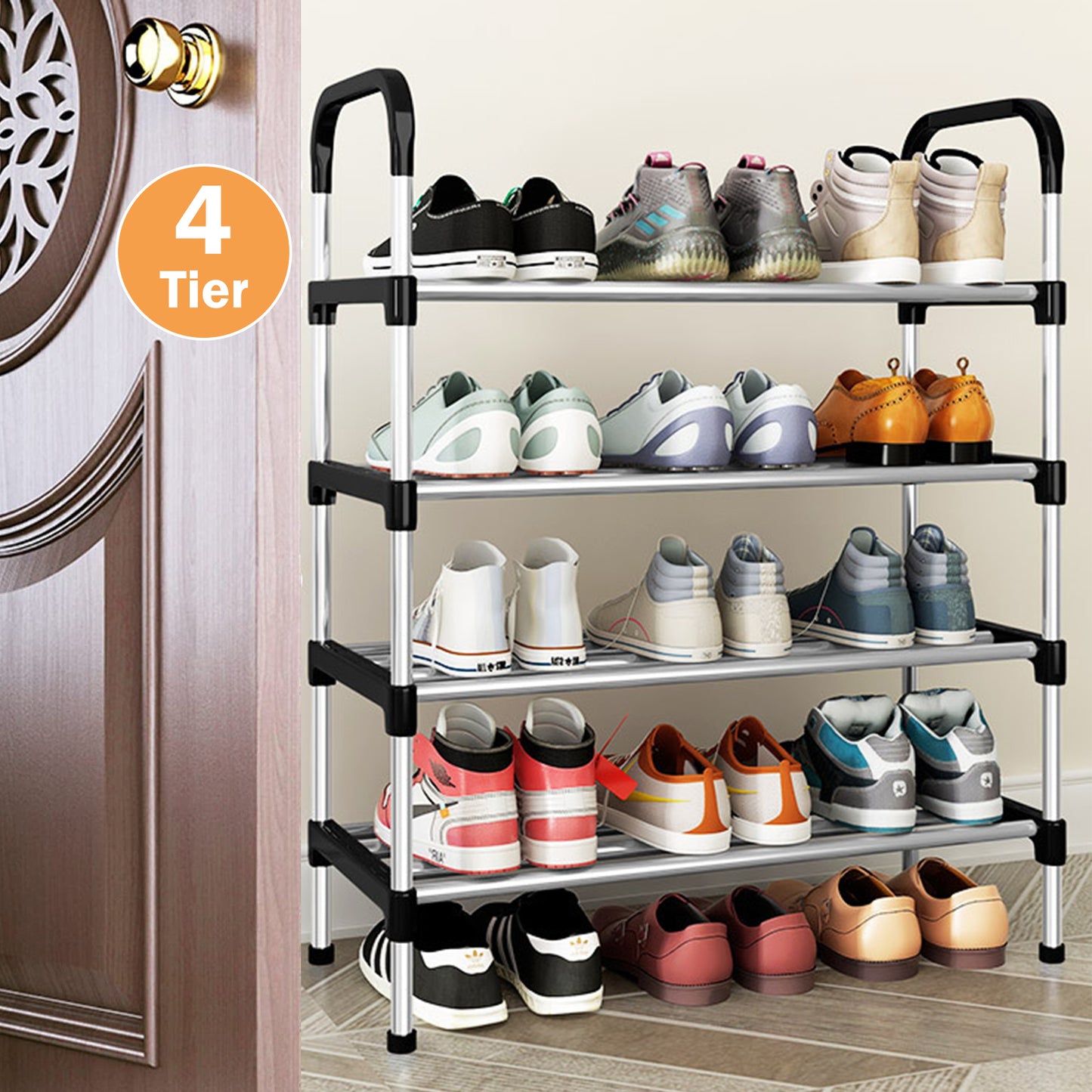4-Tier Shoe Rack Organizer, Metal Shoe Storage Stand for Entryway, Hallways, Bedrooms, Bathrooms, Offices, and Living Rooms, Silver and Black