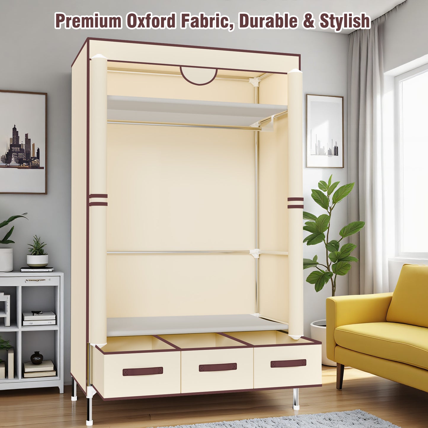 Durable Clothes Storage, Non-Woven Fabric Portable Closet Hanging Closet Organizers and Storage, Easy to Assemble, Includes 3 Storage Drawers, Ideal for Rentals, Dorms, Bedrooms, Beige