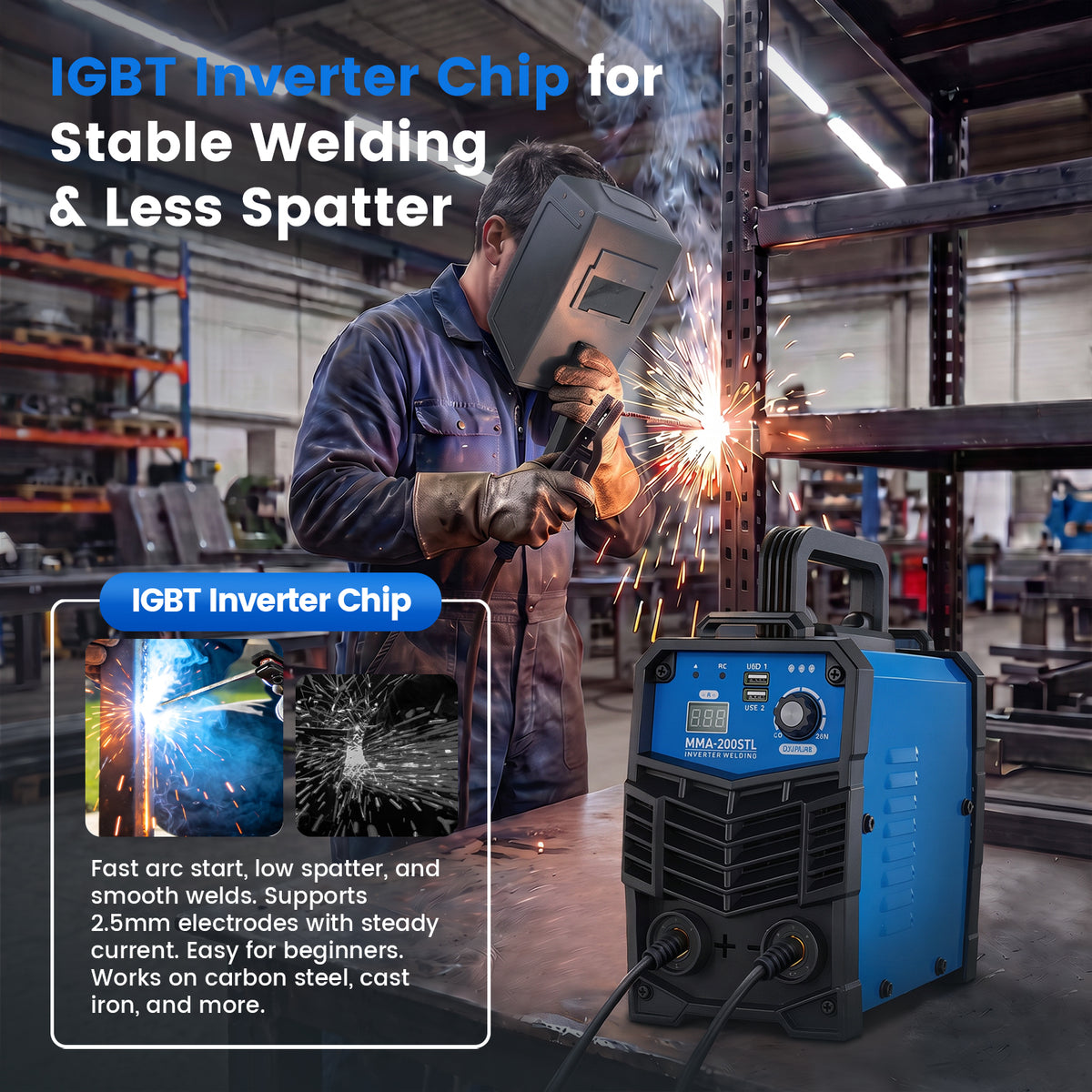 200A Display 110V IGBT Stick Welder Portable MMA Welding Machine with Dual USB and Shoulder Strap