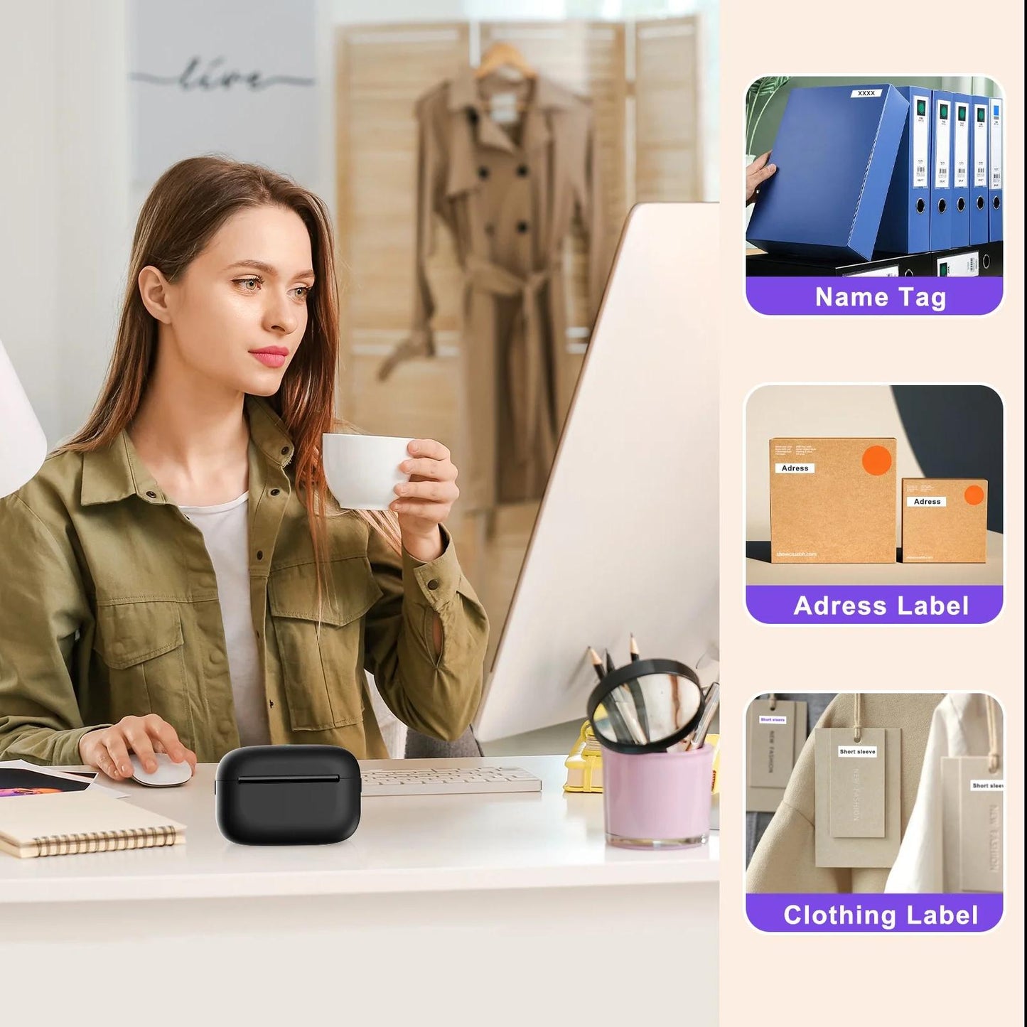 Portable Mini Wireless Bluetooth Thermal Printer Black, Compatible with Android and iOS, USB Rechargeable with Lithium Polymer Battery, for Notes, Planners, Instant Photos