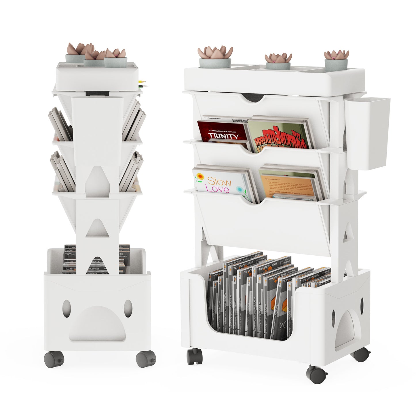 CATGOOD Movable Book Rack with Pen Holder, 5-Tier Storage Bookcase Organizer Mobile Bookshelf Cart with Wheels, Mobile Utility Cart Storage, for Living Room Classroom Office, White