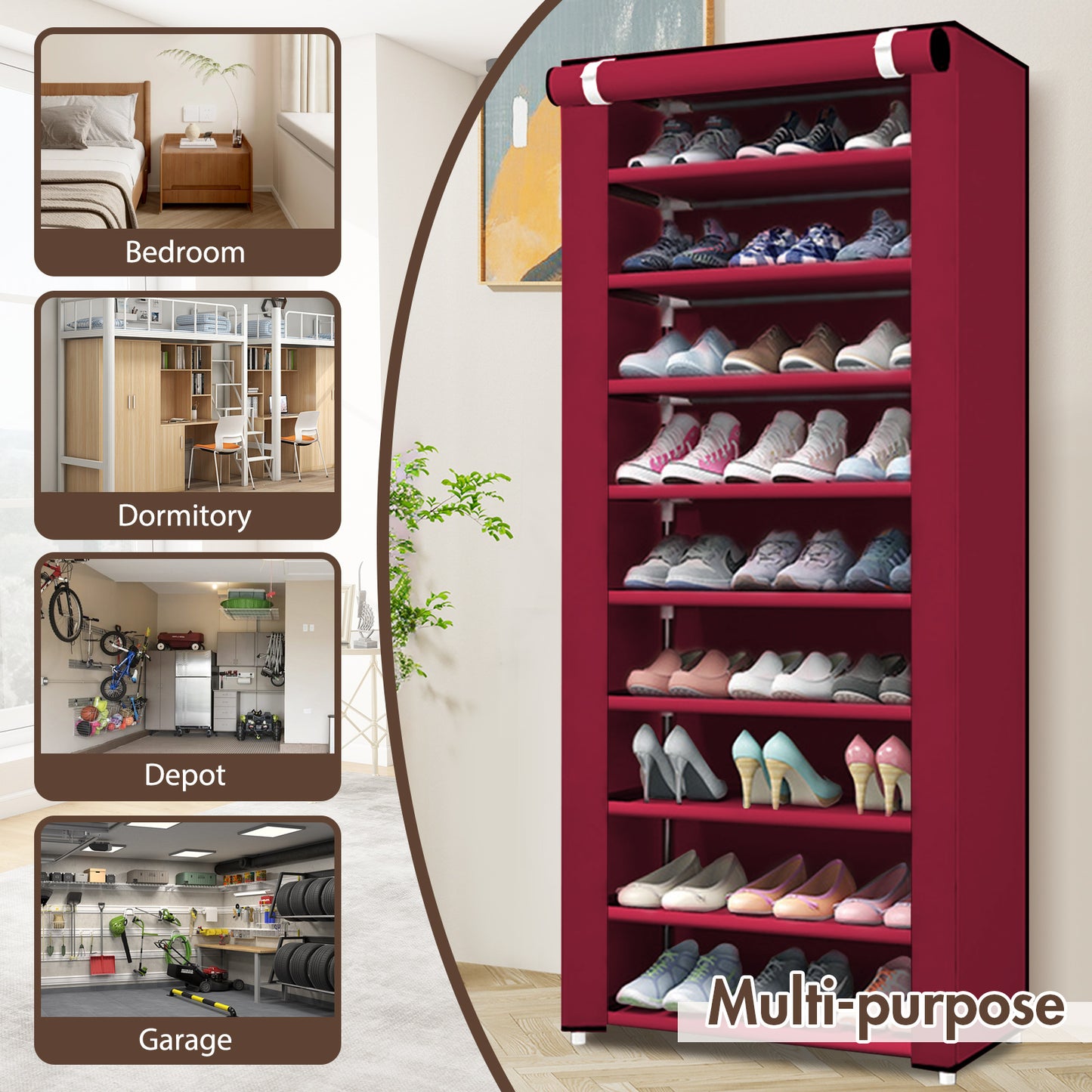 Portable Shoe Rack, 10-Tier 27 Paris Shoe Storage Cabinet with Cover, Non-Woven Fabric Shoe Storage Organizer, 9 Lattices Shoe Cabinet Tower Shelf Closet Wine Red