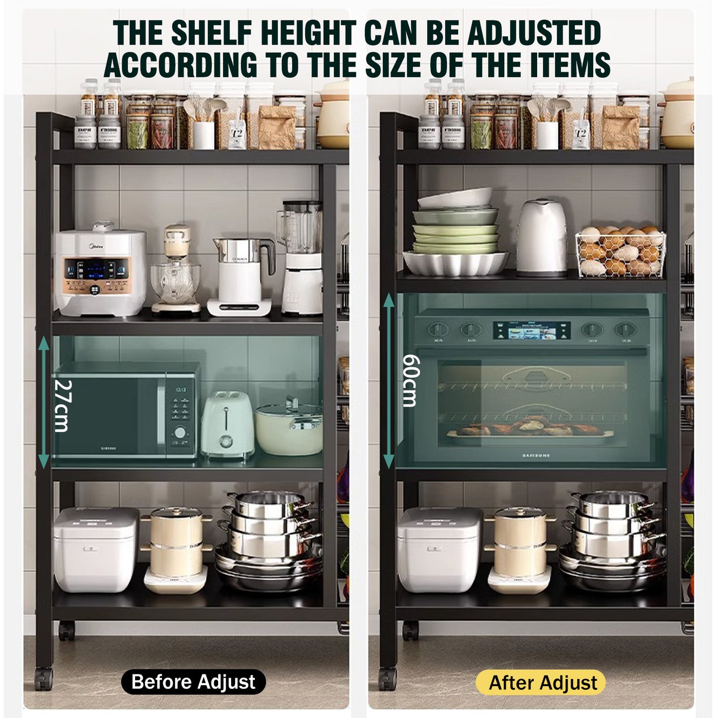 Freestanding Kitchen Storage Rack, Multi-Functional Multi-Layer Mobile Storage Shelf, 4 Tiers with 3 Baskets, Suitable for Kitchen, Bedroom, Living Room, and Balcony