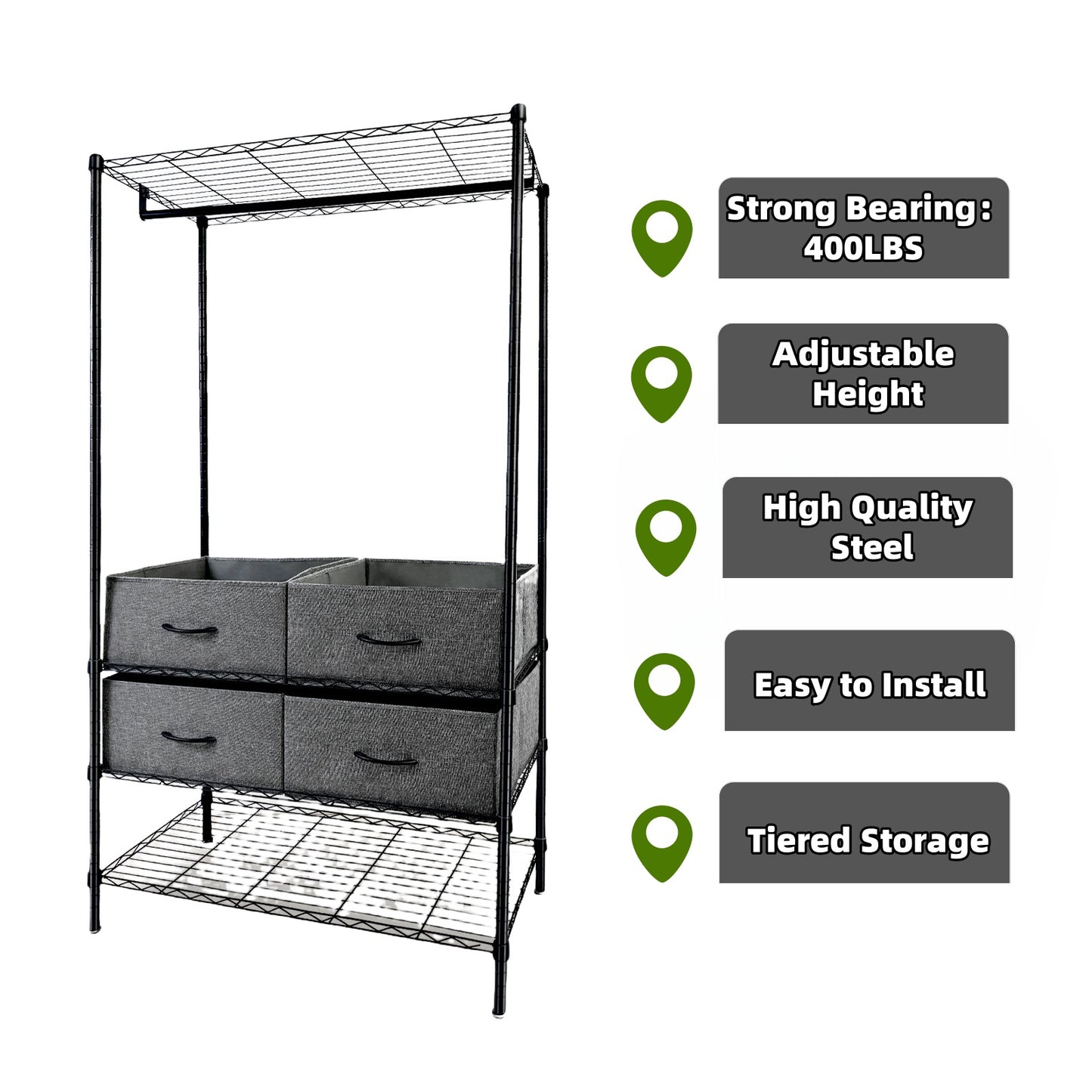 BAOKALER Clothes Rack Heavy Duty Clothing Rack for Hanging Clothes Adjustable Metal Wire Shelving with 4 Fabric Drawers, DIY Freestanding Wardrobe, 400lbs Load Capacity, Black