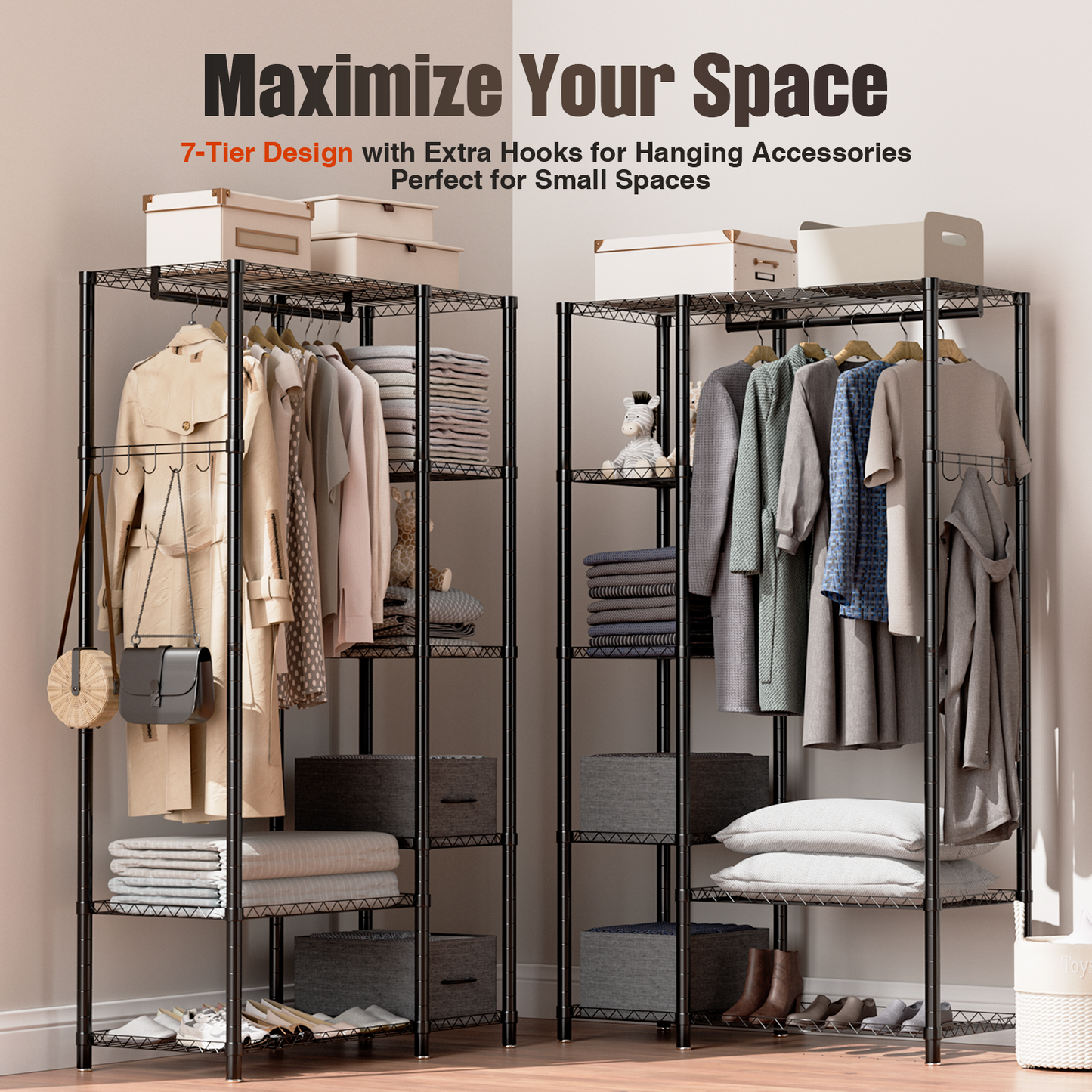 Freestanding Wire Garment Rack, Max Load 510LBS, 6 Tiers Adjustable Heavy Duty Clothes Rack with 2 Fabric Drawers, Portable Clothing Storage Rack for Hanging Clothes, Black