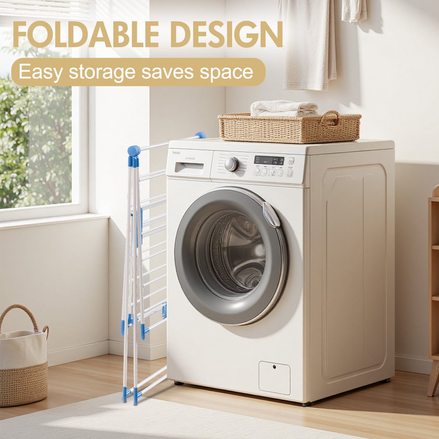 Portable 2-Layer Wing-Style Foldable Clothes Rack with Adjustable Height Wings, Suitable for Indoor/Outdoor Use, Blue