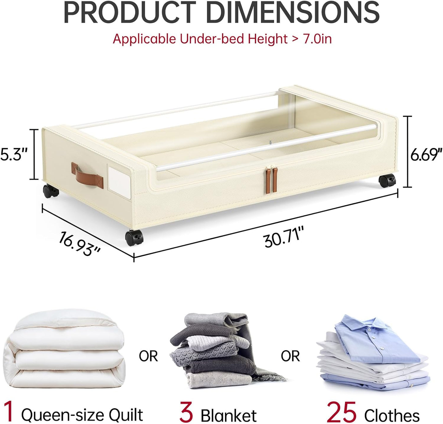 Under Bed Storage with Wheels, 2 Pack Under Bed Storage Containers, 60L Under Bed Shoe Storage with Clear Window & Label, Rolling Under Bed Metal Drawer for Clothes, Shoes,Toys, Books, Blankets