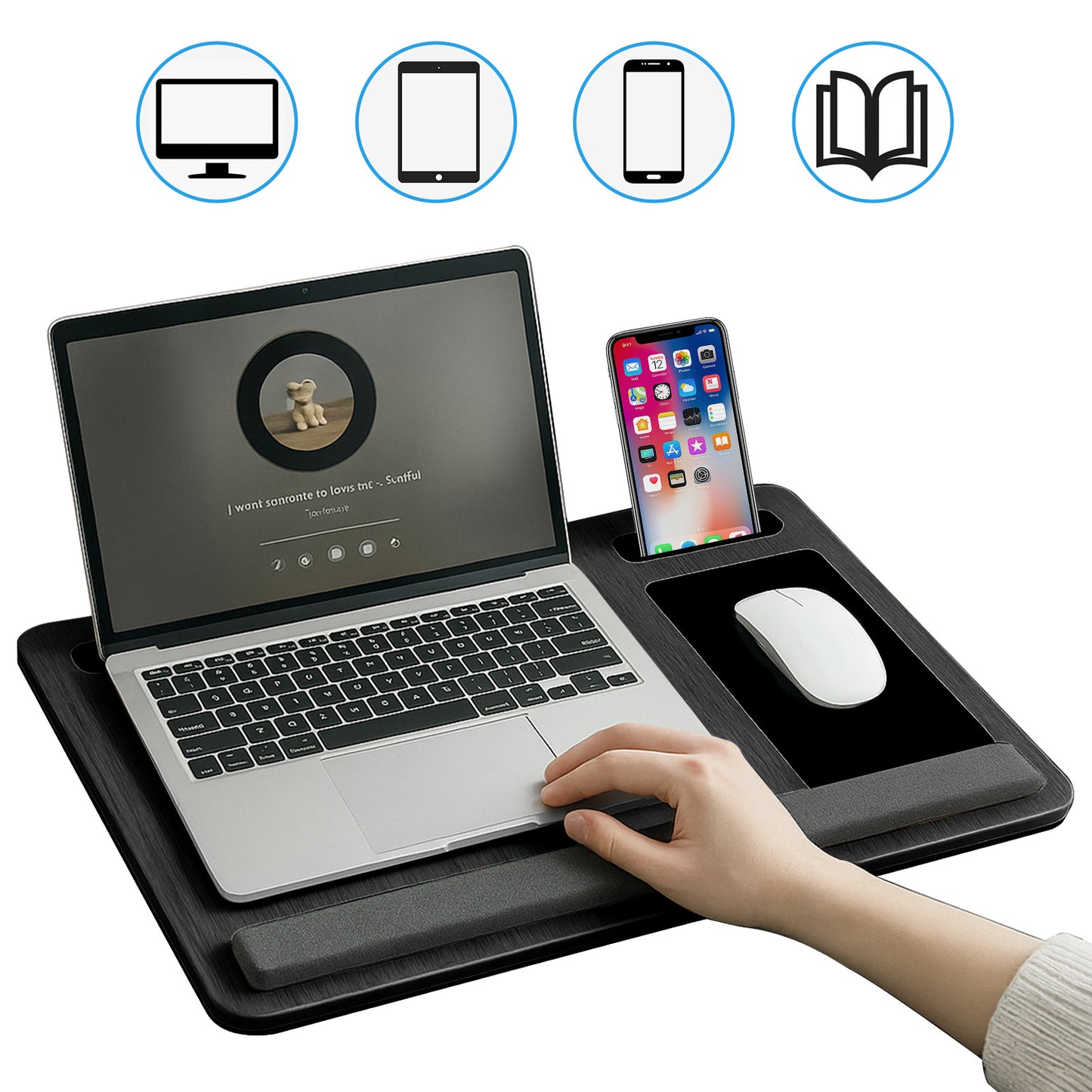 Portable Lap Desk for Laptop, Wood Lapdesk Bed Table with Handle, Black